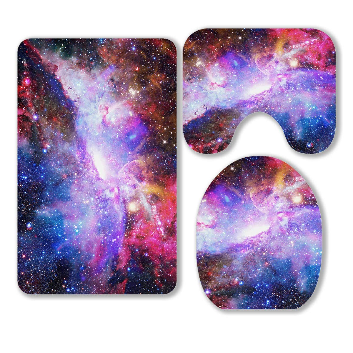 NASA-Inspired Galaxy & Nebula 3-Piece Bathroom Rug Set - Non-Slip Bath Mat, Contour Mat & Toilet Lid Cover for Space-Themed Home Decor