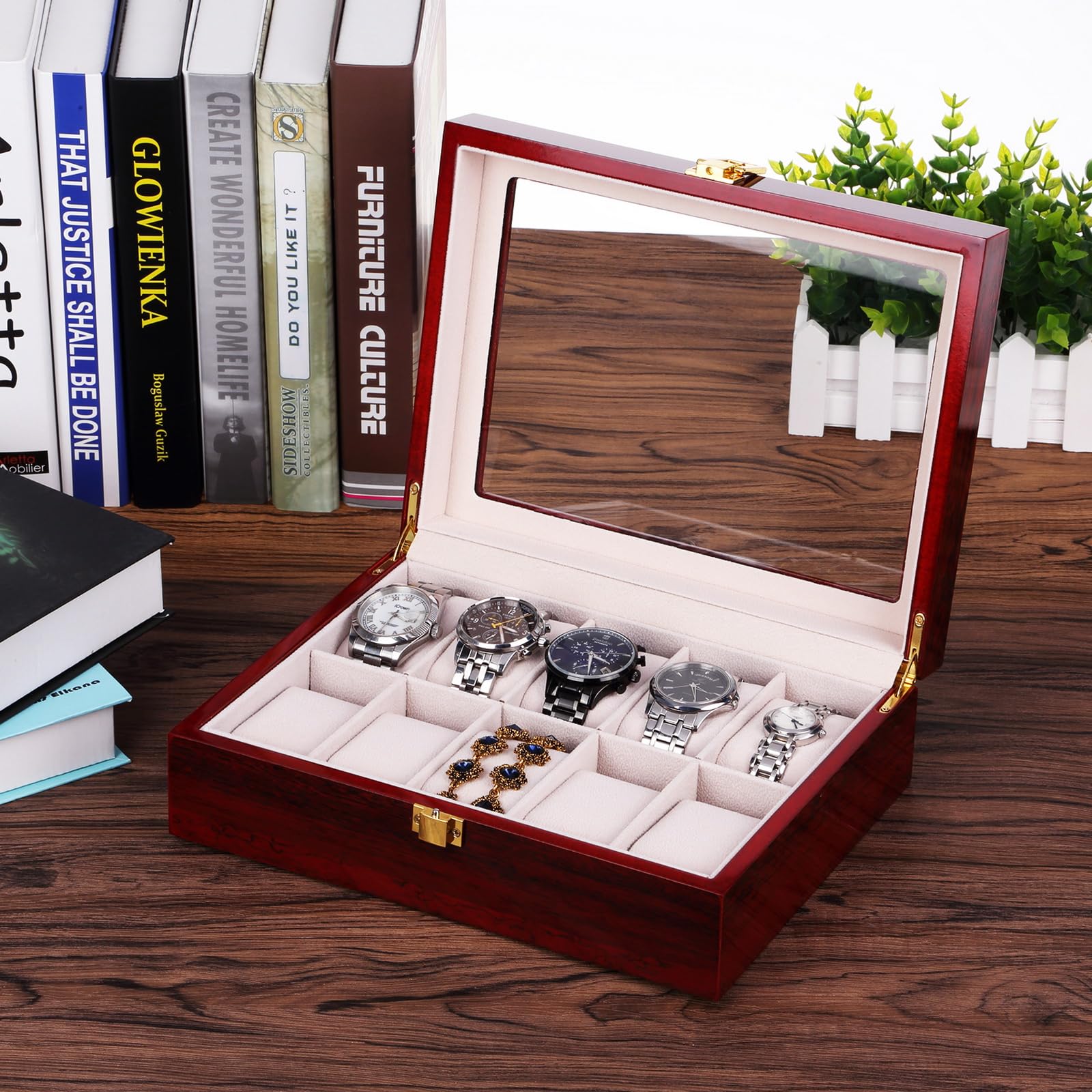 Premium Uten 10-Slot Wooden Watch Box with Removable Watch Pillows & Metal Clasp - Luxury Watch Display Case for Men & Women - Perfect for Watch Collection Storage, Travel, and Gift Giving
