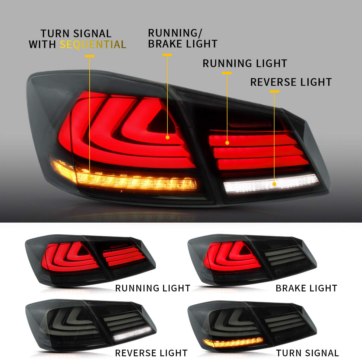 VLAND LED Tail Lights for Honda Accord 8th Gen Sedan (2013-2015) - Smoked Lens with Amber Sequential Turn Signals - Perfect for Night Driving & Car Customization - Sedan Models Only