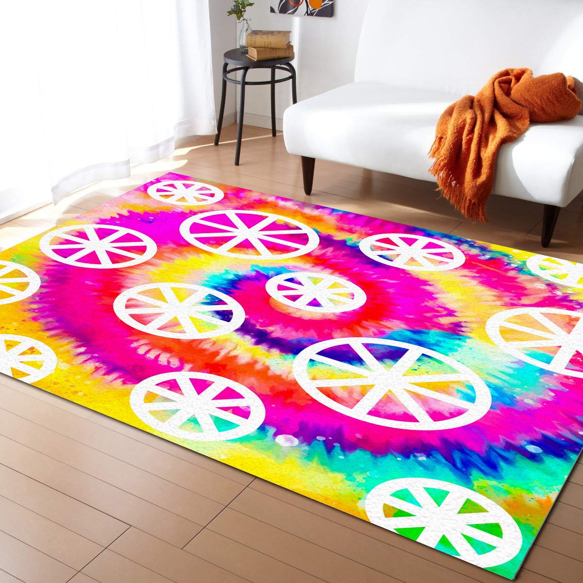 5'x7' Colorful Iridescent Tie-Dye Spiral Area Runner Rug - Washable Indoor/Outdoor Carpet for Kitchen, Living Room, Bathroom, Bedroom, Classroom & Laundry Room | Non-Slip Doormat & Welcome Floor Mat for Home Decor & High Traffic Areas