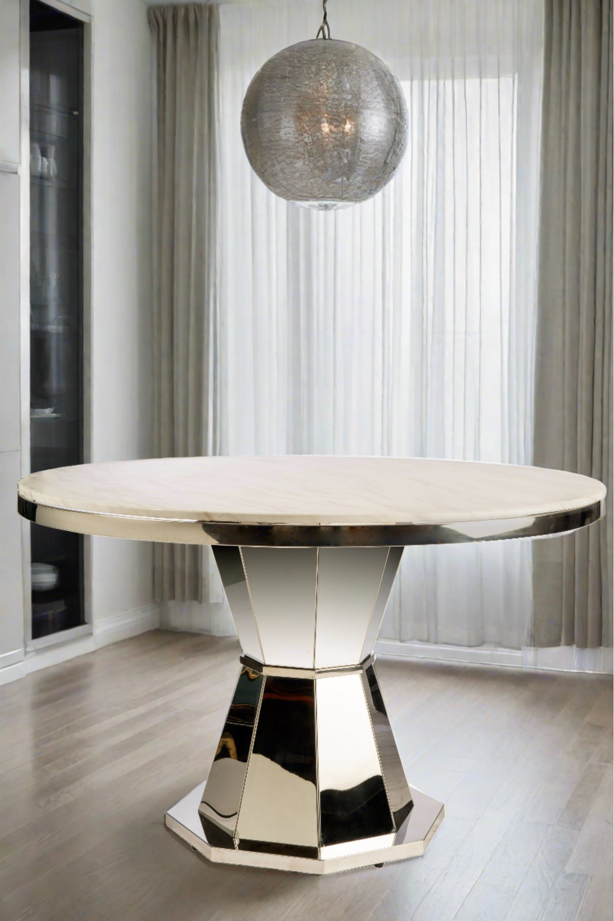 Lolin White Marble Top Chrome Dining Table - Modern Round Kitchen Table for 4-6 People - Perfect for Dining Room, Kitchen, and Small Space Apartments
