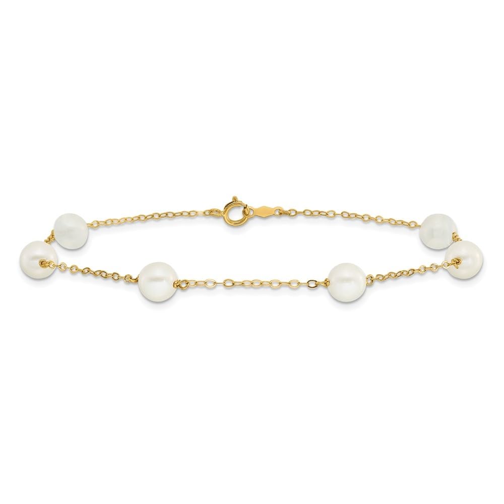 14K Yellow Gold 7mm White Pearl Anklet Bracelet - 9