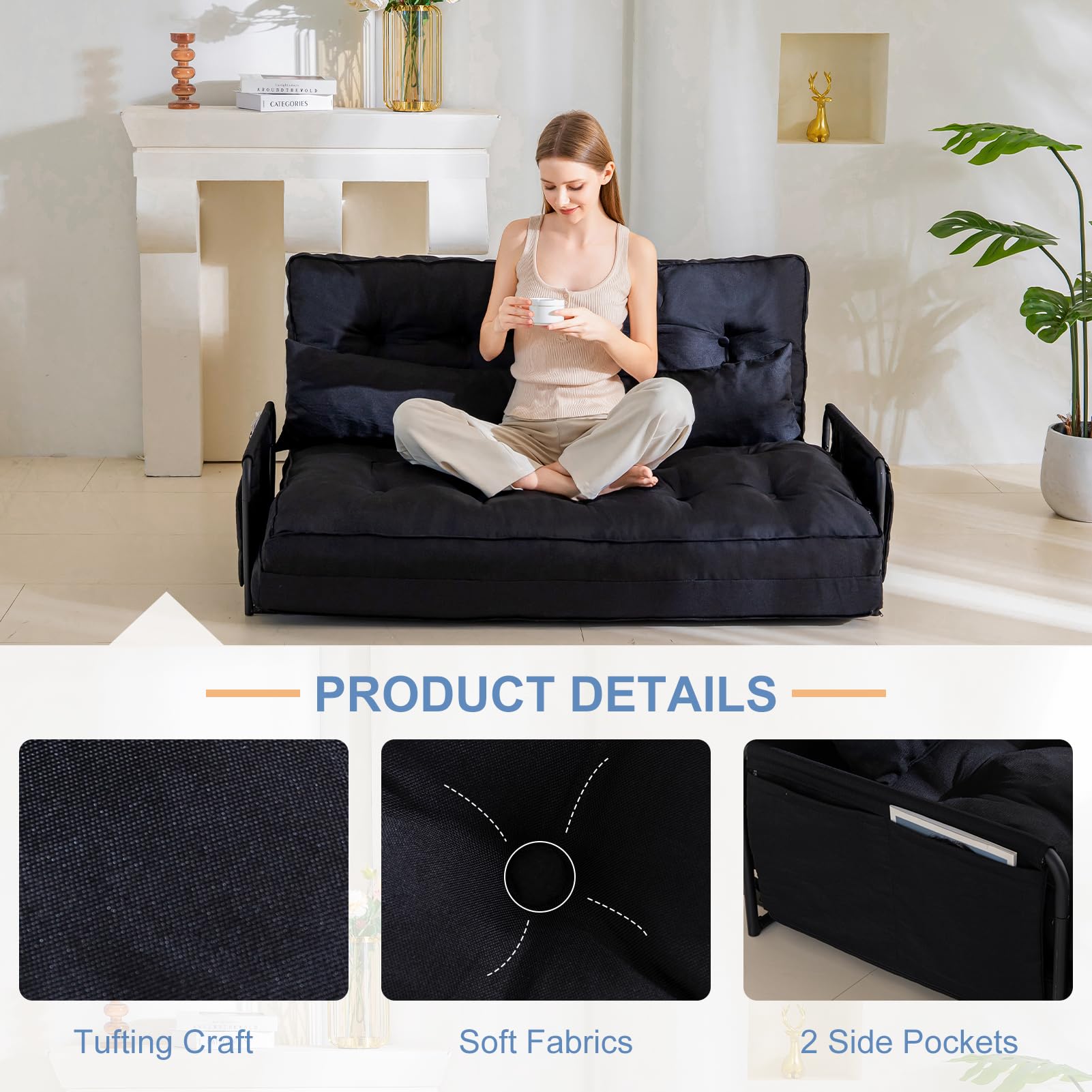 MAXYOYO Adjustable Floor Sofa Bed - Multi Functional Folding Couch with 2 Pillows (Black) | Perfect for Small Spaces, Guest Room & Living Room Lounging