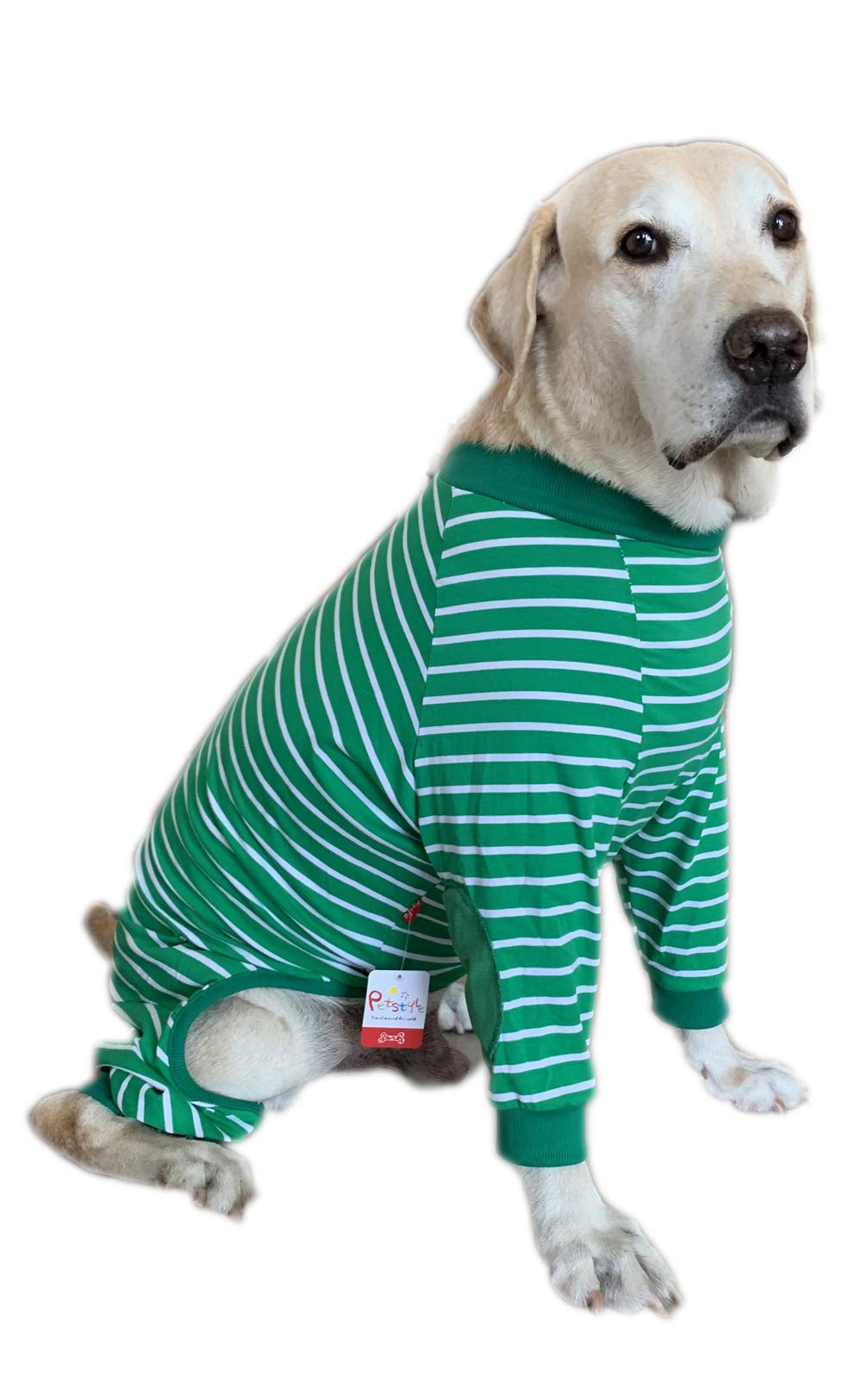 Large Dog Striped Jumpsuit - 4-Legged Cotton Pajamas with Zipper for Big Dogs (Size 6, Green) - Cozy Pet Clothes for Winter & Indoor Lounging