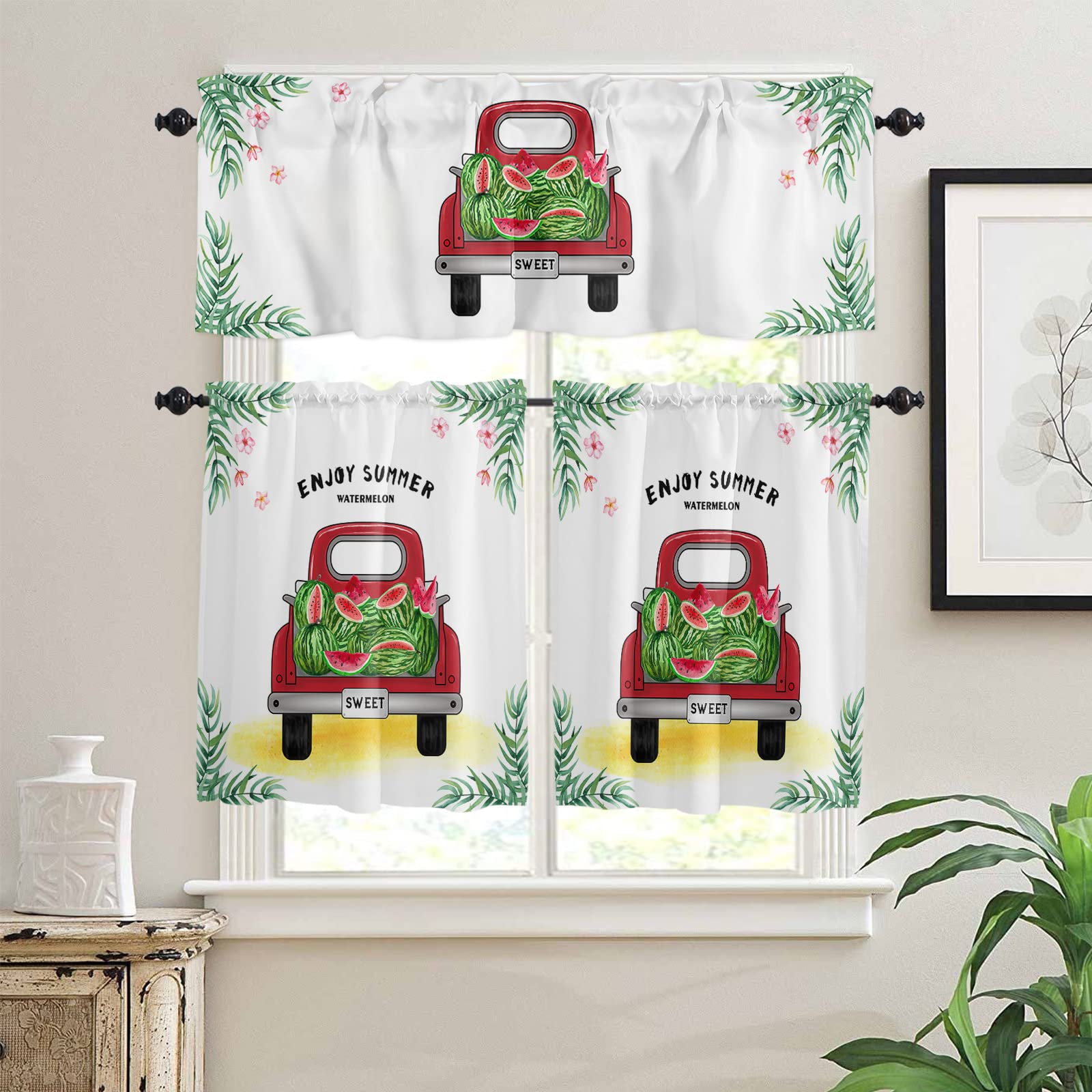Red Truck with Watermelon Summer Kitchen Curtains Set - 24 Inch Tier Curtains & Tropical Leaf Valances for Windows, Living Room, Bedroom | Farmhouse Decor, Seasonal Home Accents