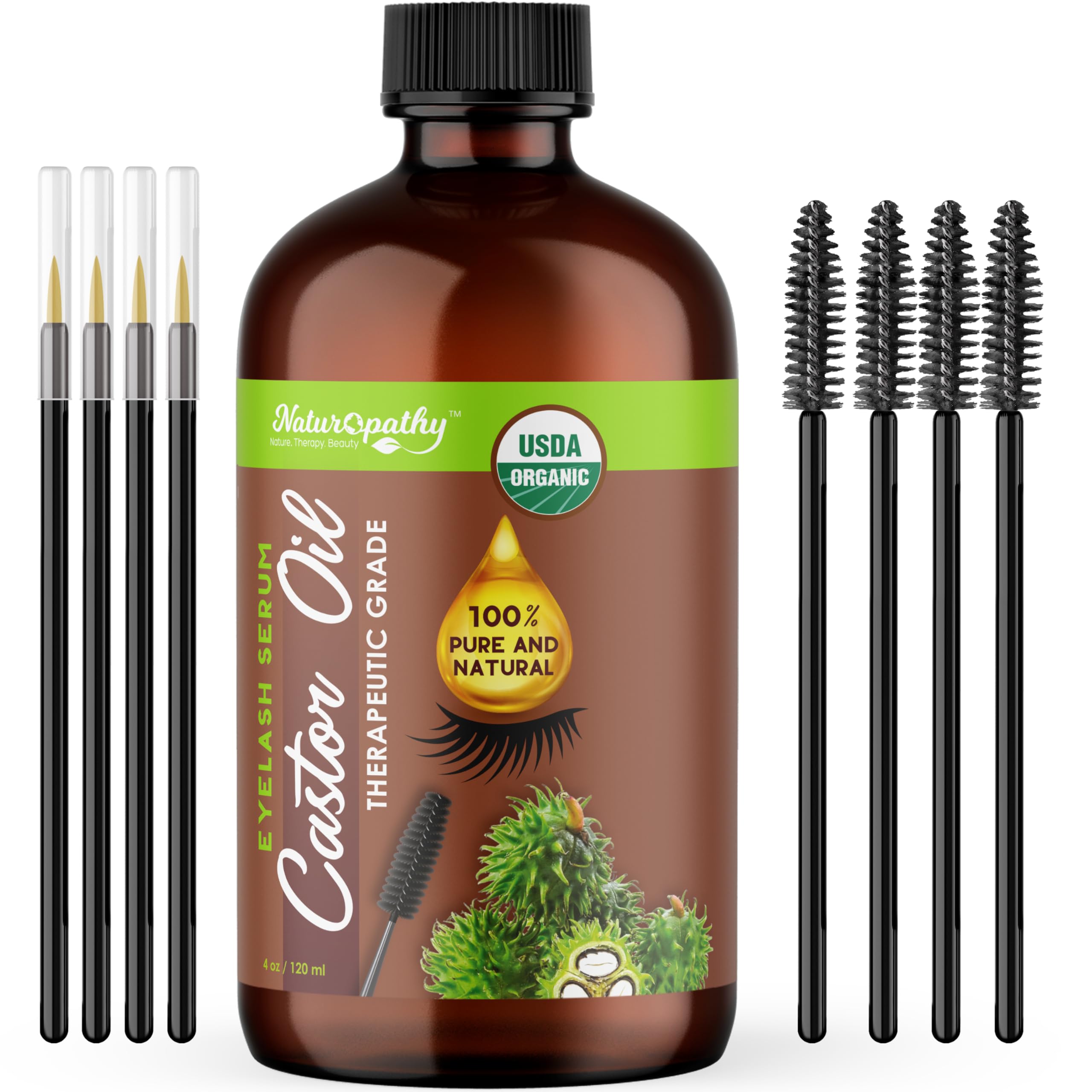 Organic Castor Oil 4oz - USDA Certified, 100% Pure Cold Pressed, Hexane Free - Eyelash & Eyebrow Growth Serum, Hair Treatment - Includes FREE Mascara Starter Kit - Perfect for Natural Beauty & DIY Hair Care