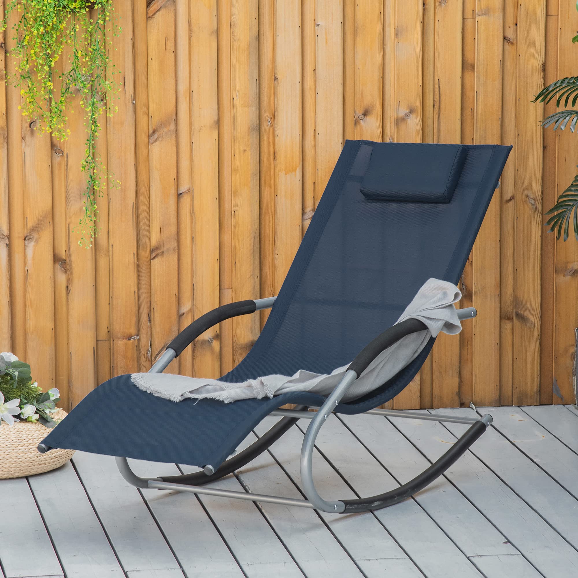 Outsunny Zero Gravity Rocking Chair - Outdoor Chaise Lounge Recliner with Detachable Pillow & Weather-Resistant Fabric - Patio, Deck, Poolside Relaxation - Navy Blue - Perfect for Backyard, Garden & Beach Use