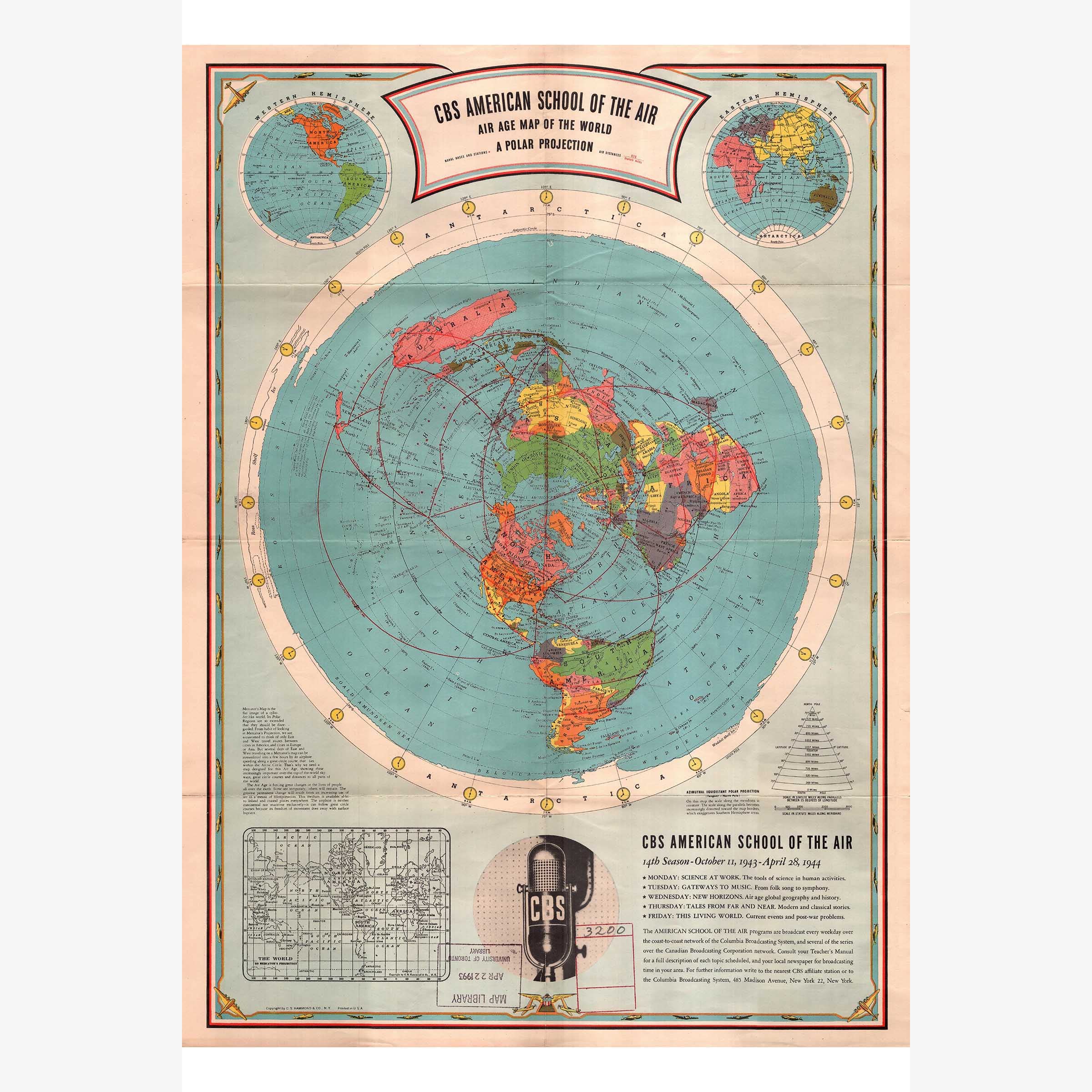 Vintage 1944 Polar Map - Air Age CBS School of the Air - Antique Wall Decor 24x36 Inches - Perfect for Aviation Enthusiasts & Historical Home Decor