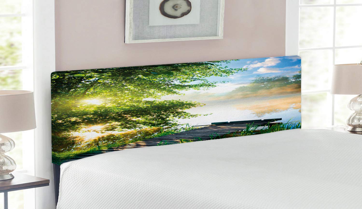 Ambesonne Upholstered Queen Size Headboard with Memory Foam - Nature Inspired Fishing Pier by River Landscape Design in Green Blue White - Perfect for Bedroom Decor and Coastal Theme Interiors