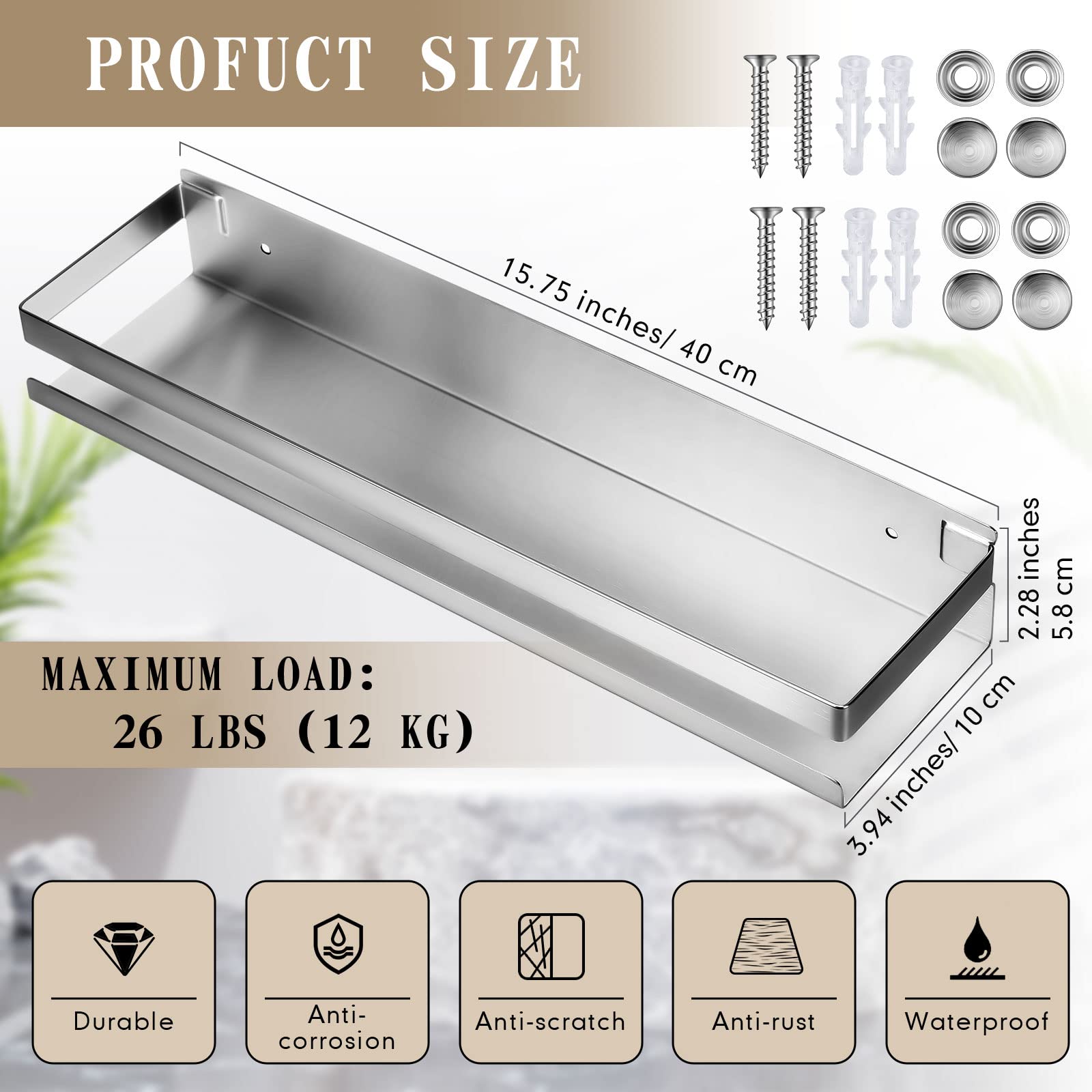 Lallisa 2-Pack Stainless Steel Floating Shelves – Wall Mounted Shower Caddy & Storage Organizer for Bathroom, Kitchen, Living Room (15.75 Inch/40cm, Silver) – Perfect for Shampoo, Soap & Towel Storage in Small Spaces