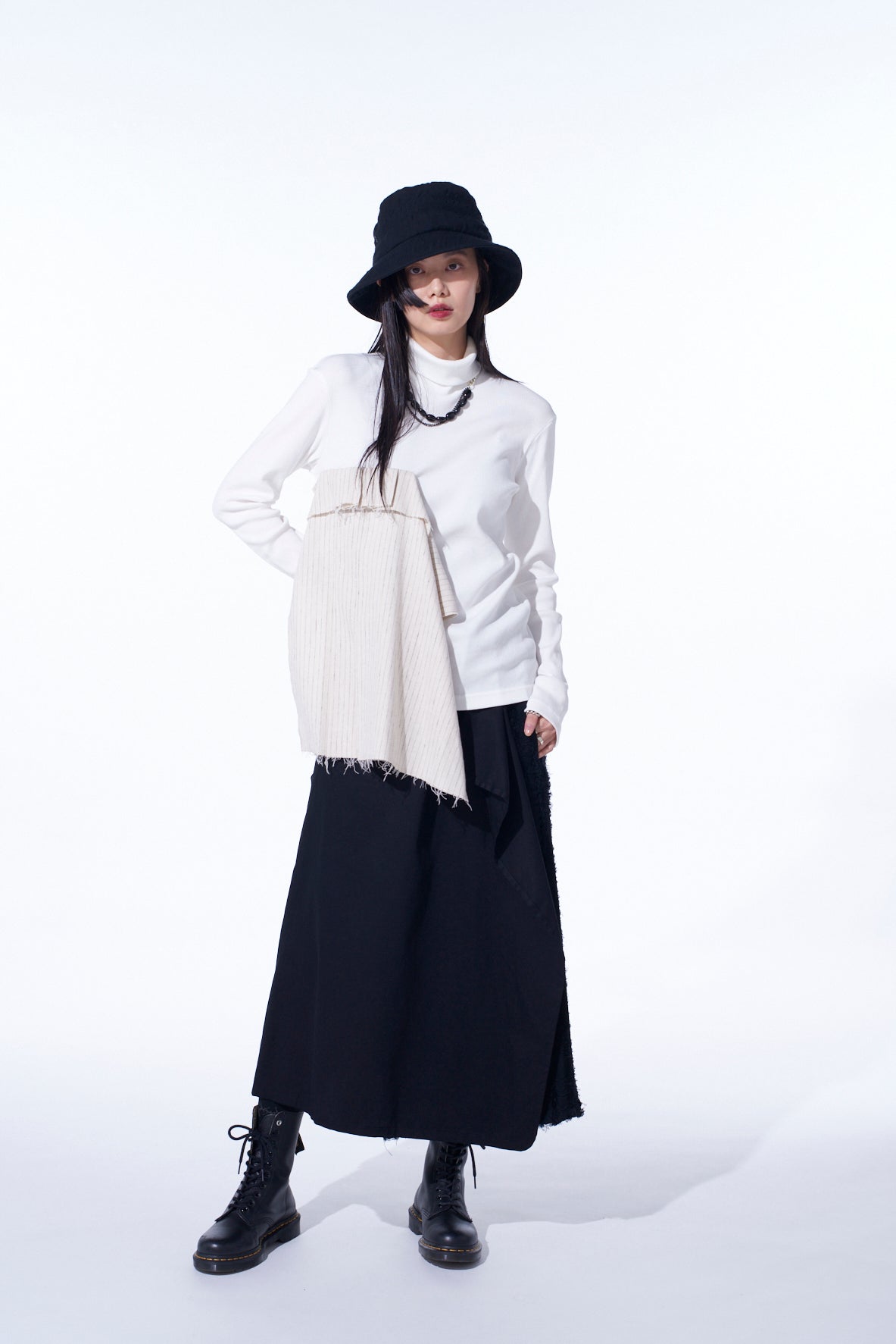 Premium Cotton Rib Jersey Long Sleeve High Neck T-Shirt with Pleated Stripes - Women's Fashion Basic Top for Casual Wear & Layering