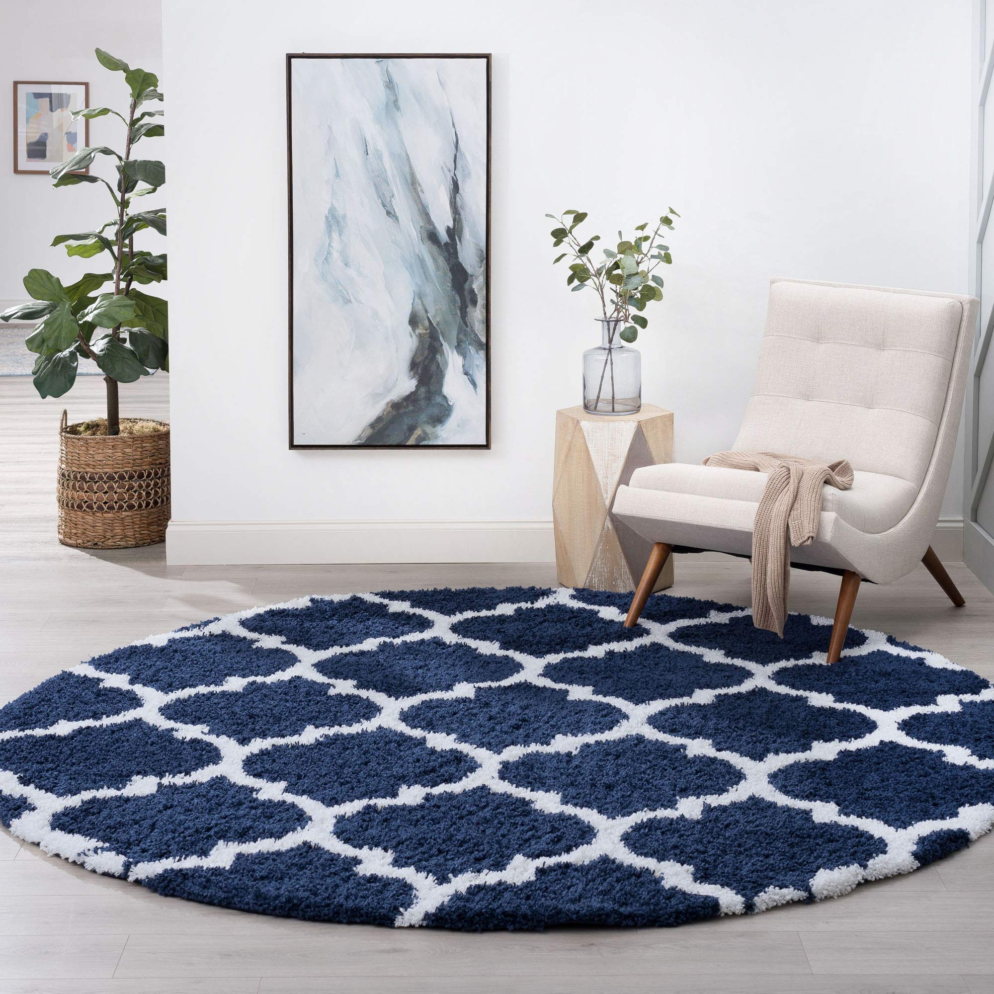 Jeni Navy 8ft Round Shag Rug - Soft Plush Area Rug for Living Room, Bedroom, Dining Room - Indoor Entryway, Foyer, Kitchen & Bath Decor - Transitional Shaggy Carpet for Cozy Home Comfort