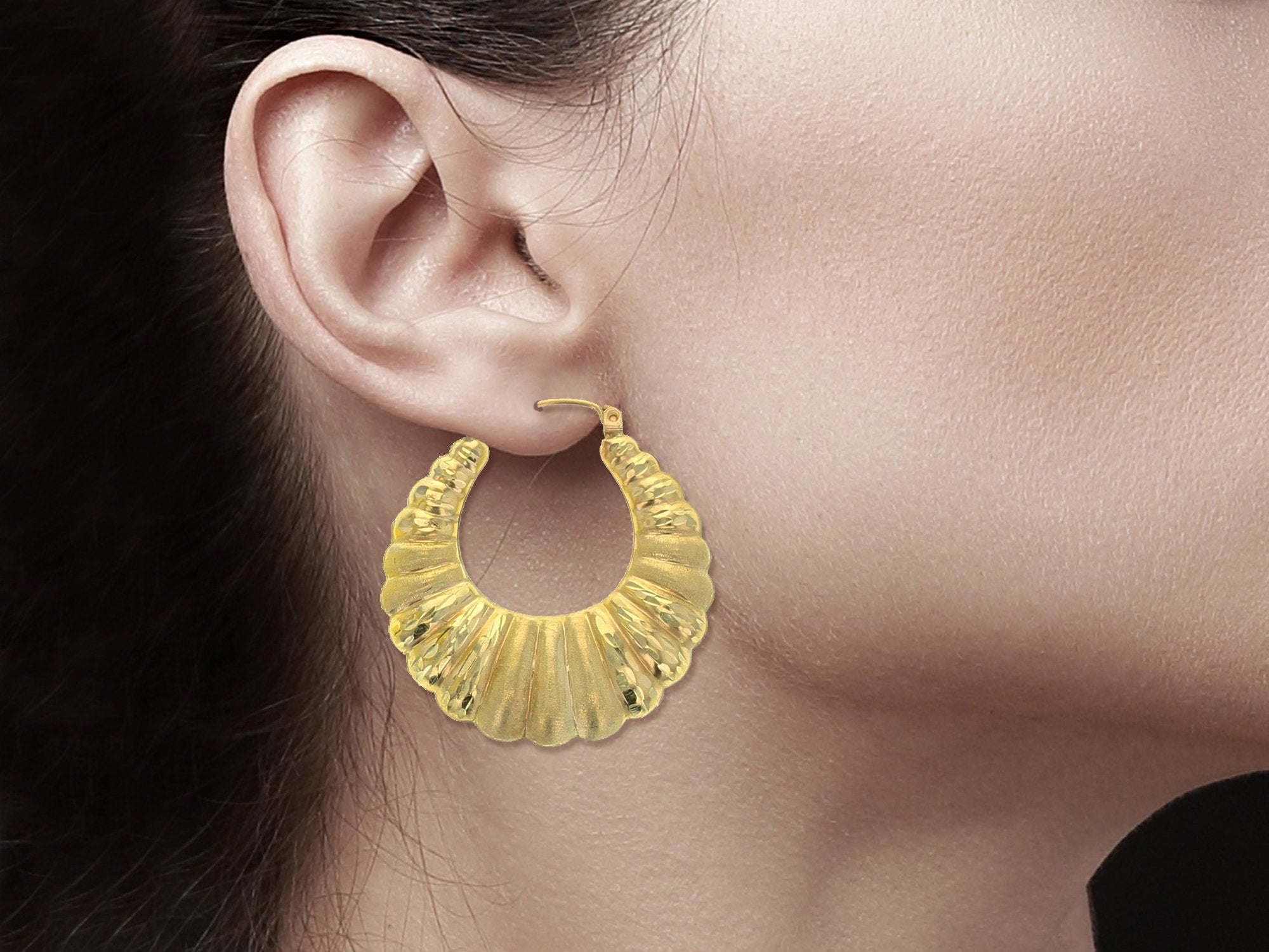 36MM Shrimp Creole Hoops with Diamond Cuts & Satin Finish - Elegant Dangle Earrings for Women, Perfect for Parties, Weddings, and Special Occasions