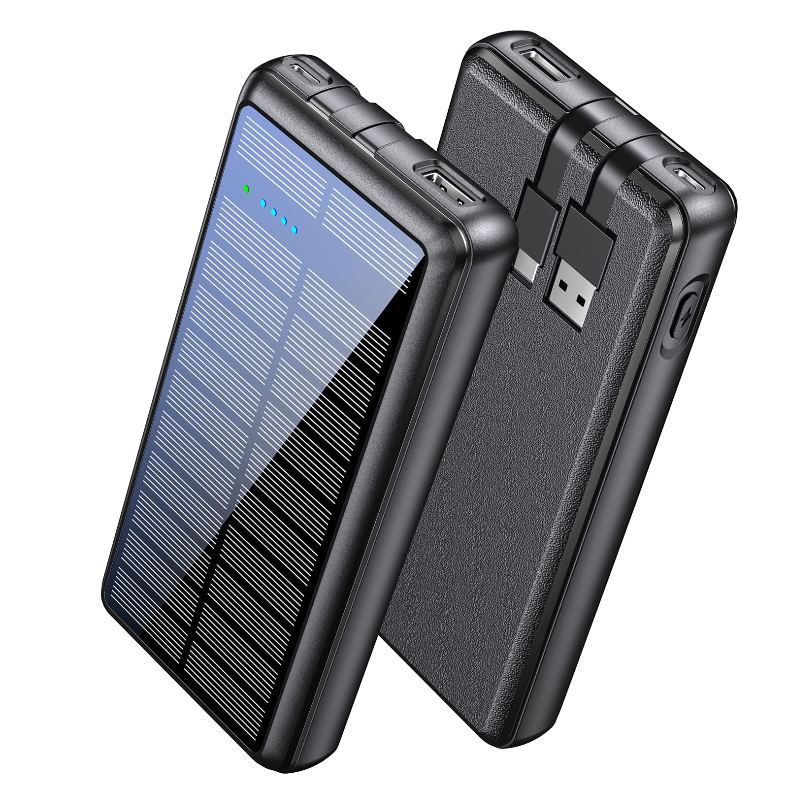 36800mAh Solar Power Bank with 2 Output Ports & Built-in Cables - Portable Charger for iPhone, Android Phones & Tablets - Perfect for Camping, Travel & Emergency Power Backup