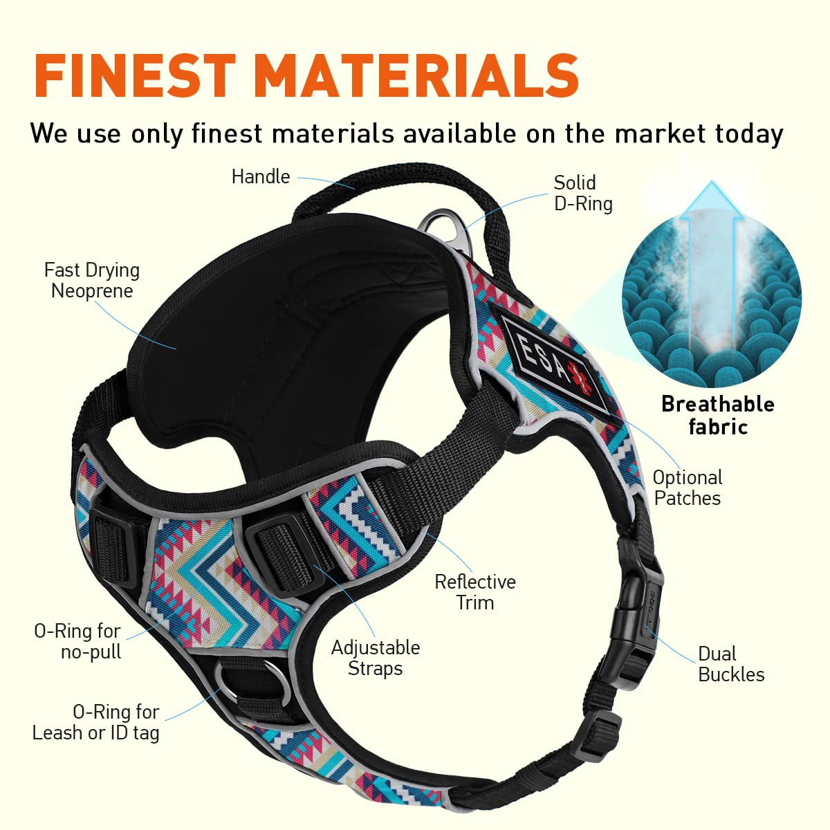No-Pull Dog Harness with 3D Rubber ESA Patches - Reflective Soft Comfortable Vest for Medium Dogs (25-31