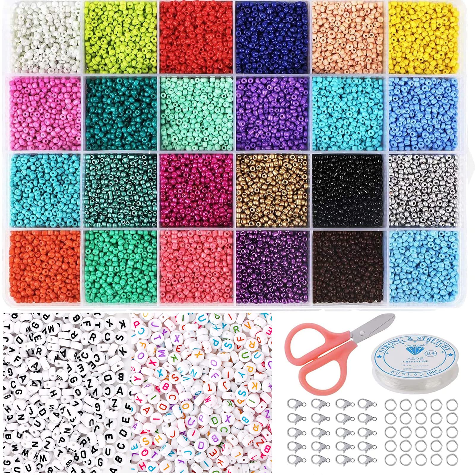 PHOGARY 2mm Small Glass Seed Beads for Jewelry Making - 12/0 Size Craft Beads Kit with Alphabet Letter Beads for DIY Bracelets, Necklaces, Waist Chains - Perfect for Handmade Gifts, Party Favors & Boho Style Accessories