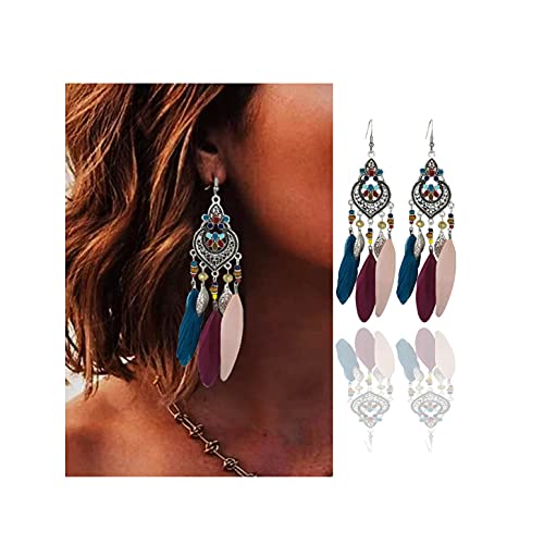 Bohemian Feather Tassel Drop Earrings - Silver Ethnic Dangle Earrings with Beads for Women & Teens | Retro Boho Jewelry for Birthday Parties, Festivals & Everyday Wear (Style A)