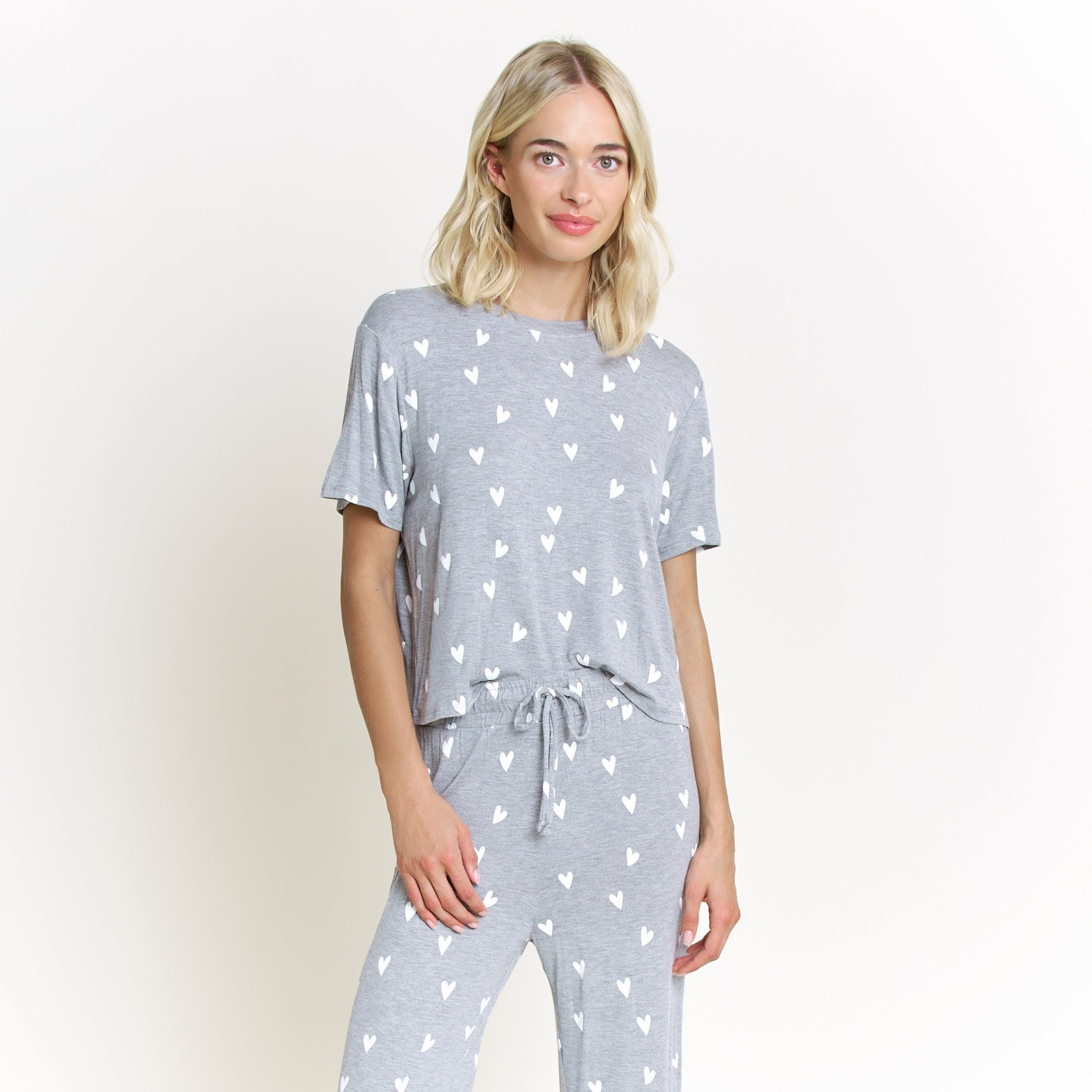 American Flag T-Shirt and Pants Set - Heather Grey with Heart Print | Patriotic Outfit for Men, Women, Kids | Perfect for 4th of July, Memorial Day, Veterans Day Celebrations