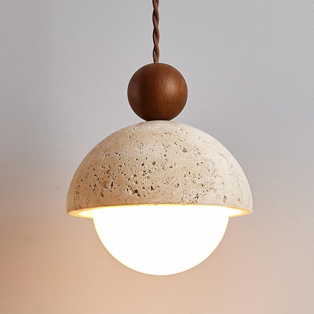 Natural Stone Shade Spherical Pendant Light - Retro Mini Pendant Lamp Nordic Style Hanging Lighting for Kitchen Island, Dining Room & Bedroom - Solid Wood Ceiling Light with E27 Socket - Perfect for Farmhouse, Modern & Industrial Decor