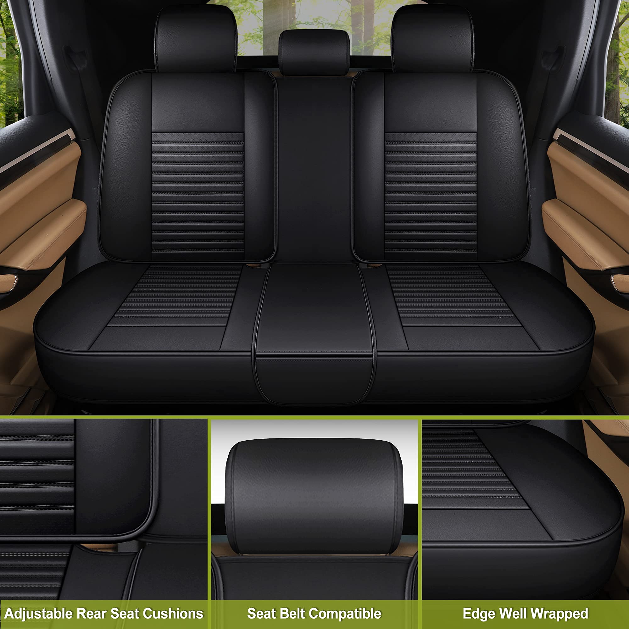 Premium AOOG Leather Car Seat Covers - Universal Fit Leatherette Auto Seat Protectors for Cars, SUVs & Trucks | Non-Slip Vehicle Interior Accessories (Full Set, Black) | Perfect for Daily Commute, Road Trips & Family Protection