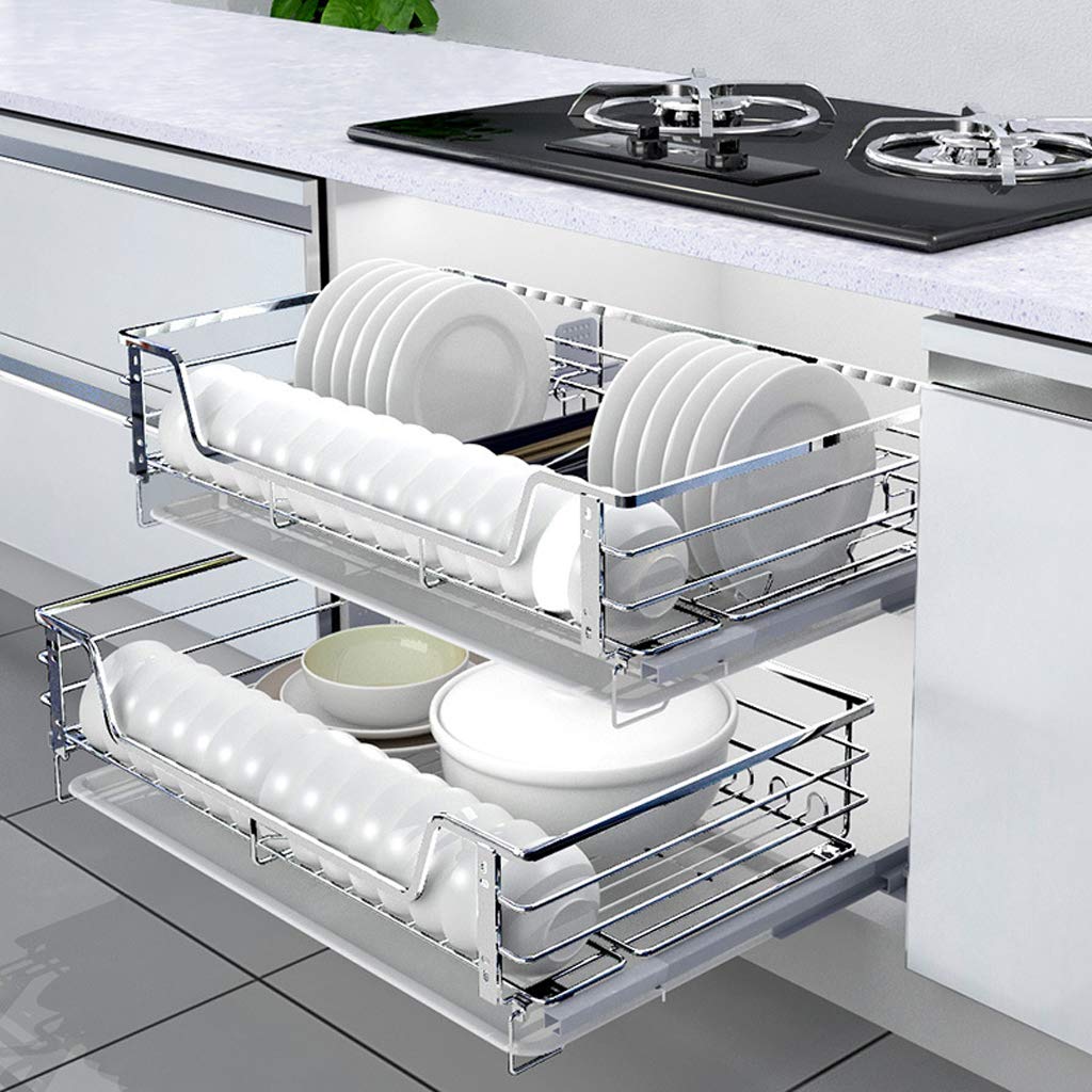 2-Tier Pull-Out Dish Rack Organizer - 2 Pack Stainless Steel Wire Basket for Kitchen Cabinet Storage | Space Saving Base Larder Unit | Perfect for Bowls, Plates & Utensils Organization in Small Kitchens
