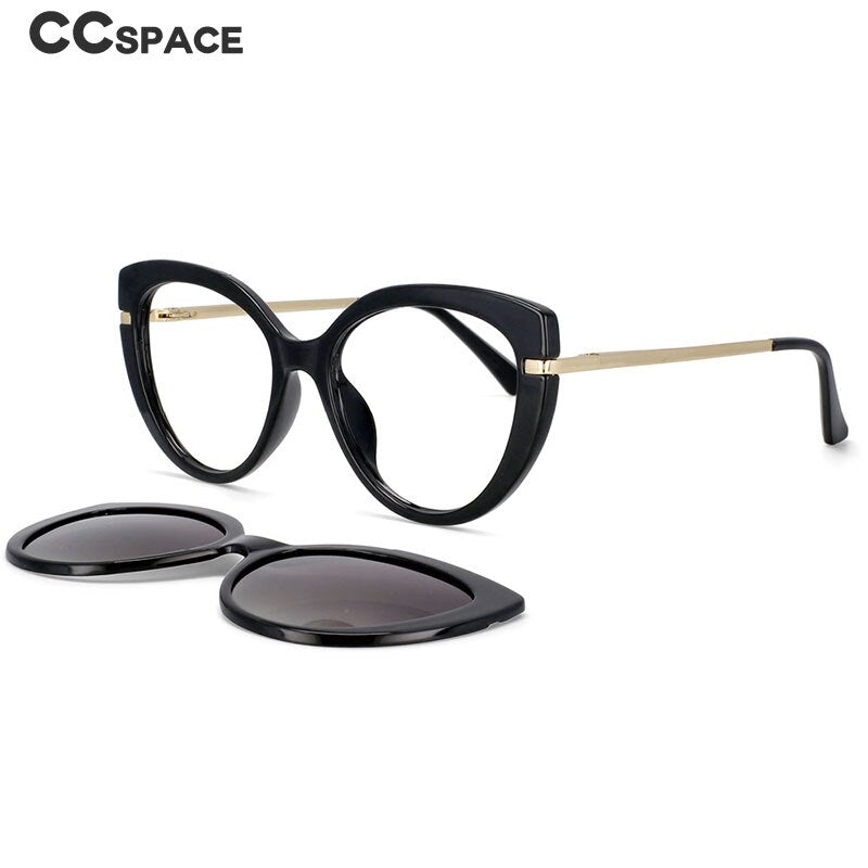 CCspace Unisex Full Rim Cat Eye Titanium Frame Eyeglasses with Clip-On Sunglasses - Lightweight & Durable for Work, Driving & Outdoor Activities (Model 53673)