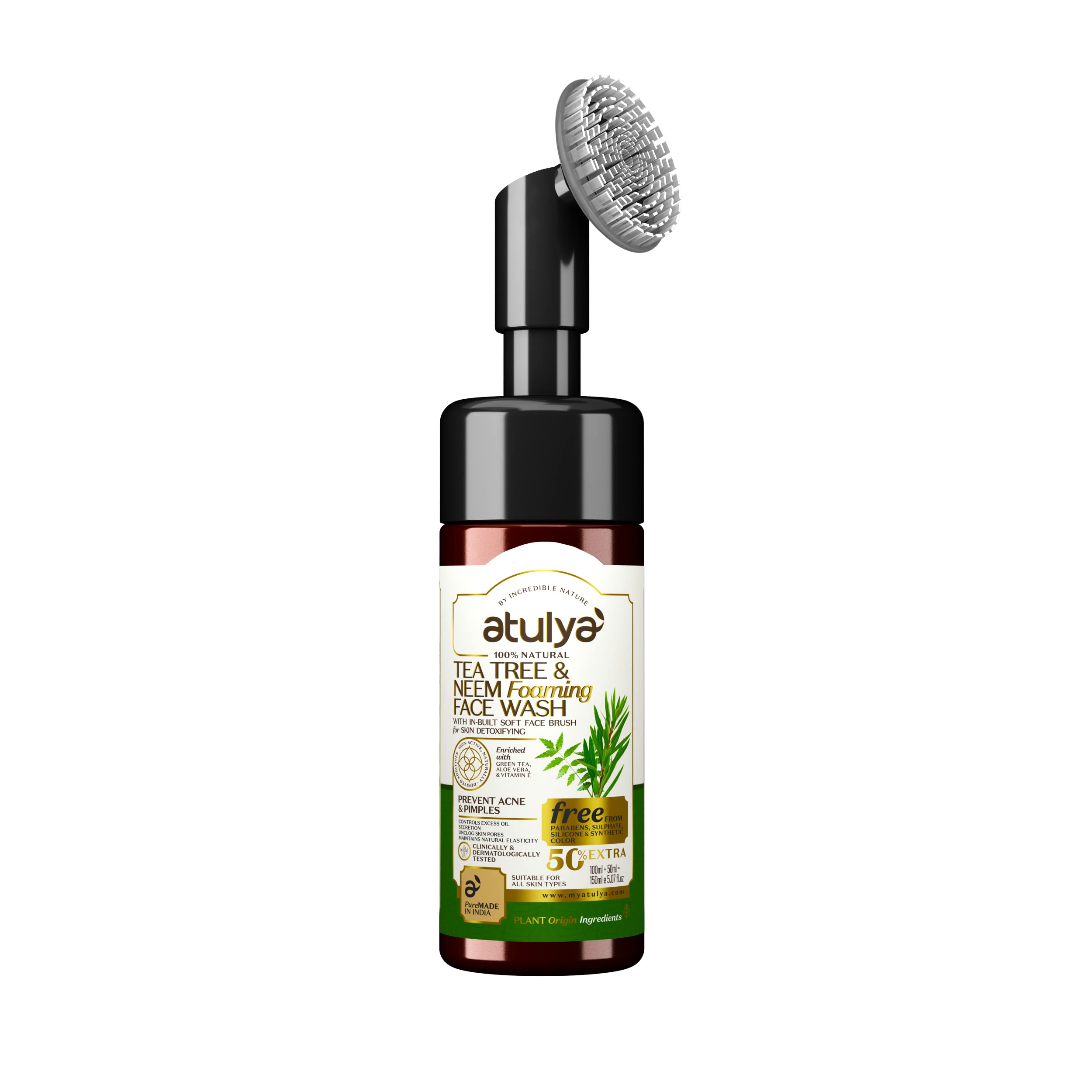 Atulya Tea Tree & Neem Foaming Face Wash with Built-in Soft Brush - Deep Cleansing for Acne-Prone Skin - Perfect for Daily Skincare Routine & Travel