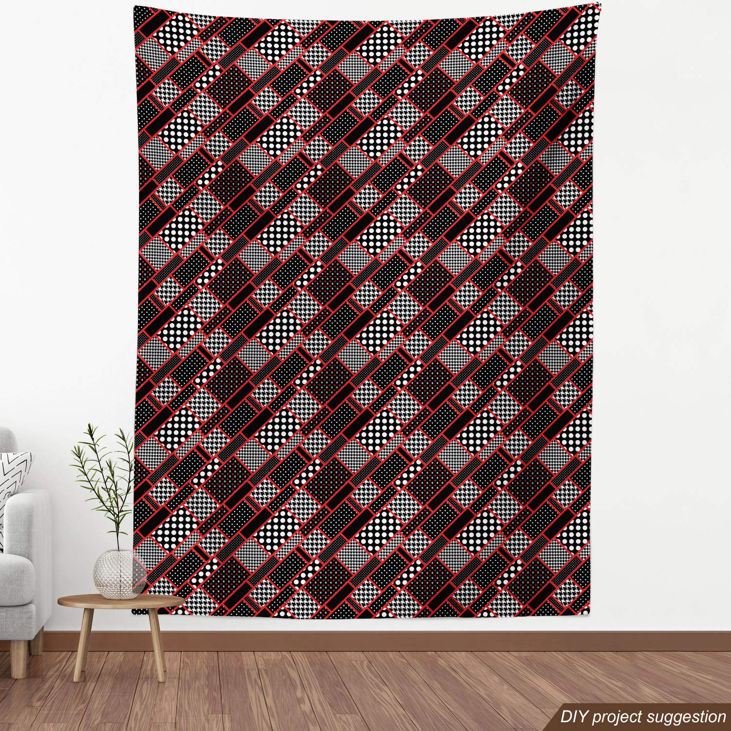 Ambesonne Red and Black Geometric Fabric by The Yard - Retro Rectangle Frames, Polka Dots & Houndstooth Pattern - Upholstery & Home Decor Material (10 Yards, Black/White/Scarlet) - Perfect for Sofa Covers, Curtains & DIY Craft Projects