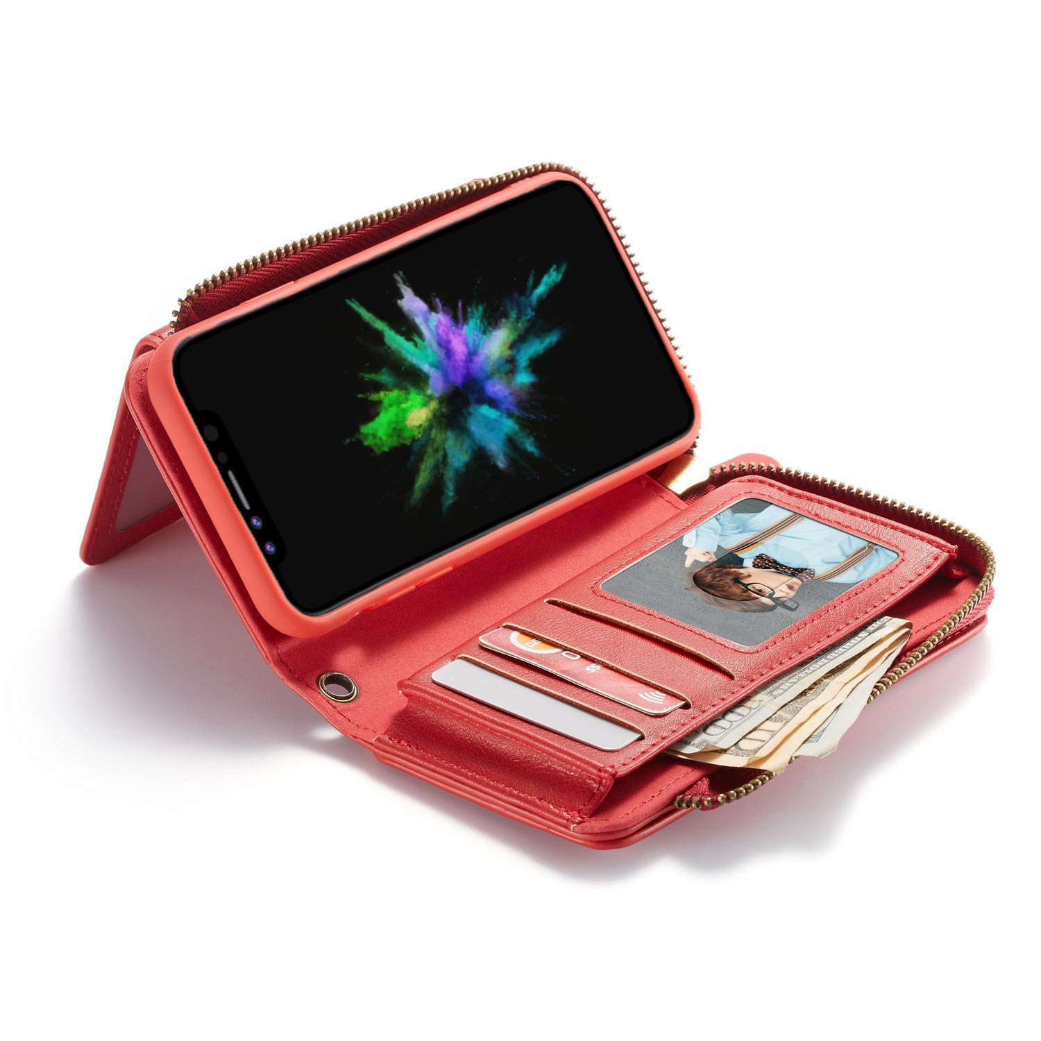 Premium Genuine Leather Wallet Case for iPhone XR (2018) 6.1 Inch - Detachable Zipper Cover with Hand Strap, Large Capacity Card & Money Holder (Red) - Business & Travel Protection for Women & Girls