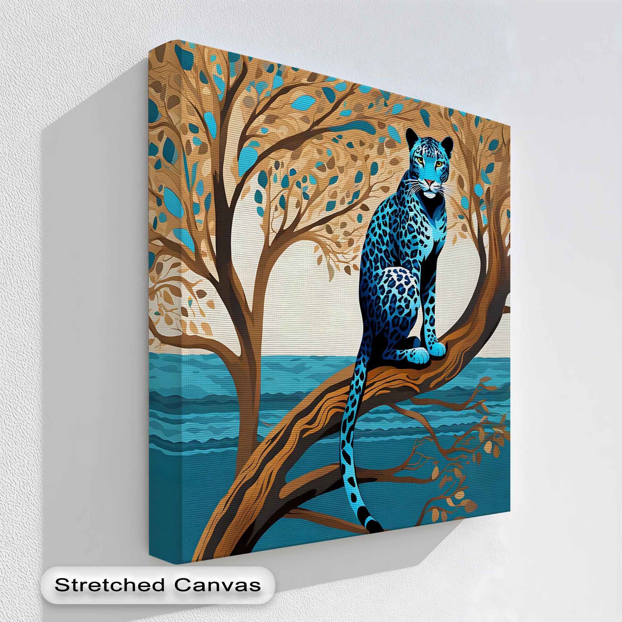 Blue Leopard in Tranquil Tree - Modern Jungle Animal Canvas Wall Art Print for Living Room, Bedroom & Office Decor