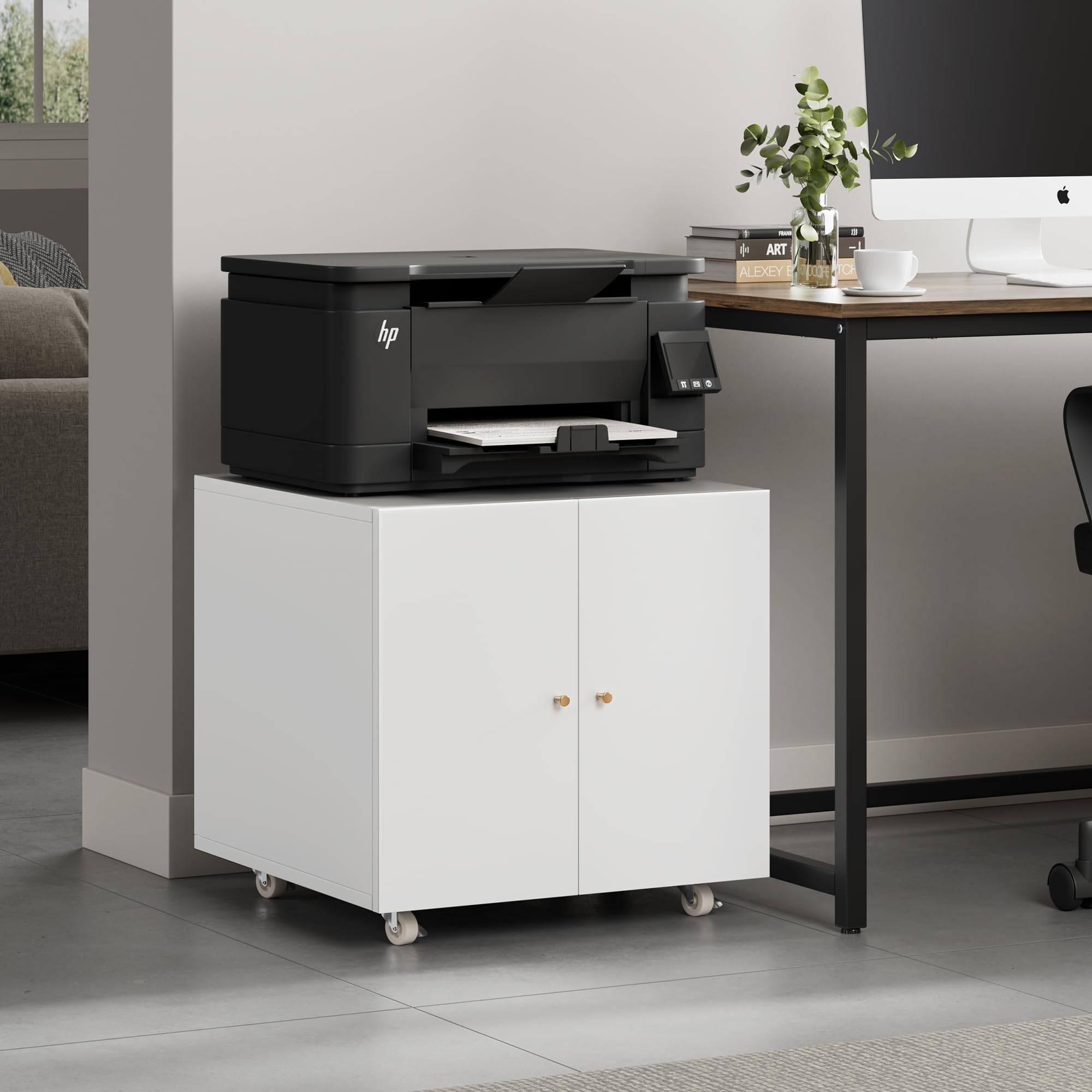 Warmiehomy Metal Printer Stand with Storage - Mobile Printer Table for Small Spaces, Adjustable Shelf & File Cabinet on Wheels - Home Office Organization (White) - Perfect for Compact Workspaces & Home Offices