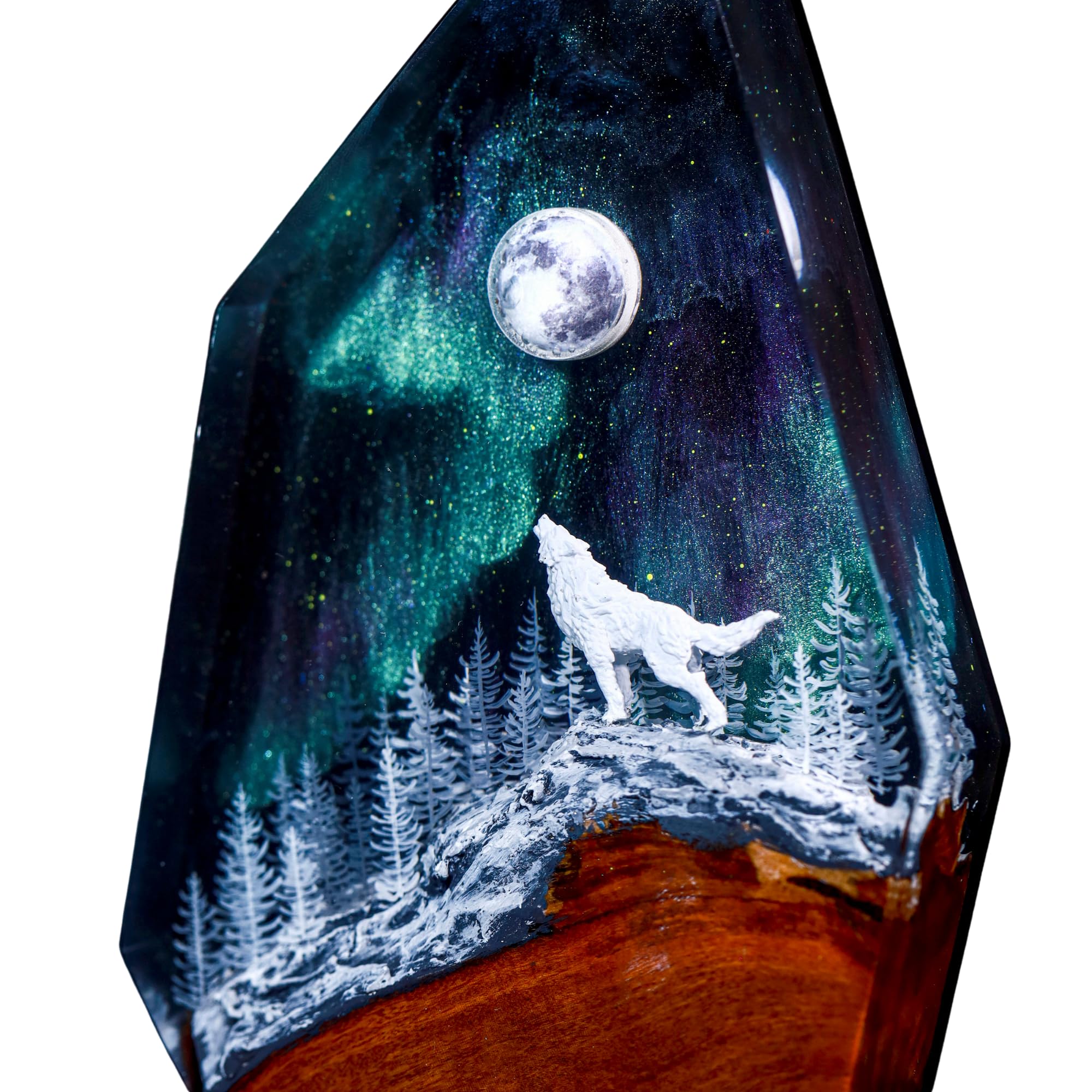 Howling Wolf Northern Lights Lamp - 12x7 Inch Aurora Borealis Night Light, Resin Wood Base, Unique Home Decor Gift for Her, Him, Friends - Perfect for Bedroom, Living Room, Office & Meditation Spaces