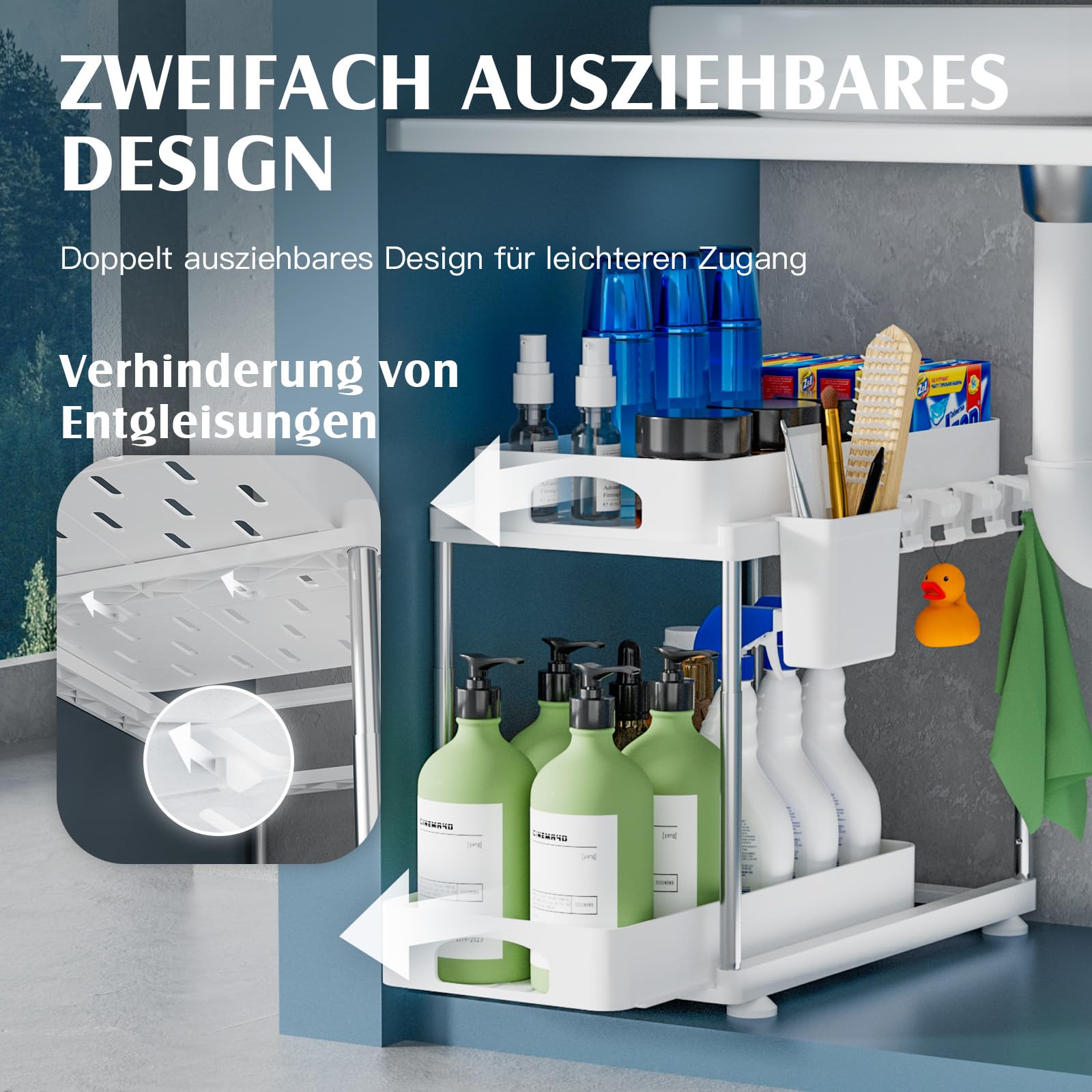 2 Pack Under Sink Organizers & Storage - Adjustable 2-Tier Sliding Cabinet Organizer for Kitchen, Bathroom, Laundry - White | Space-Saving Solution for Cleaning Supplies, Toiletries & Household Items