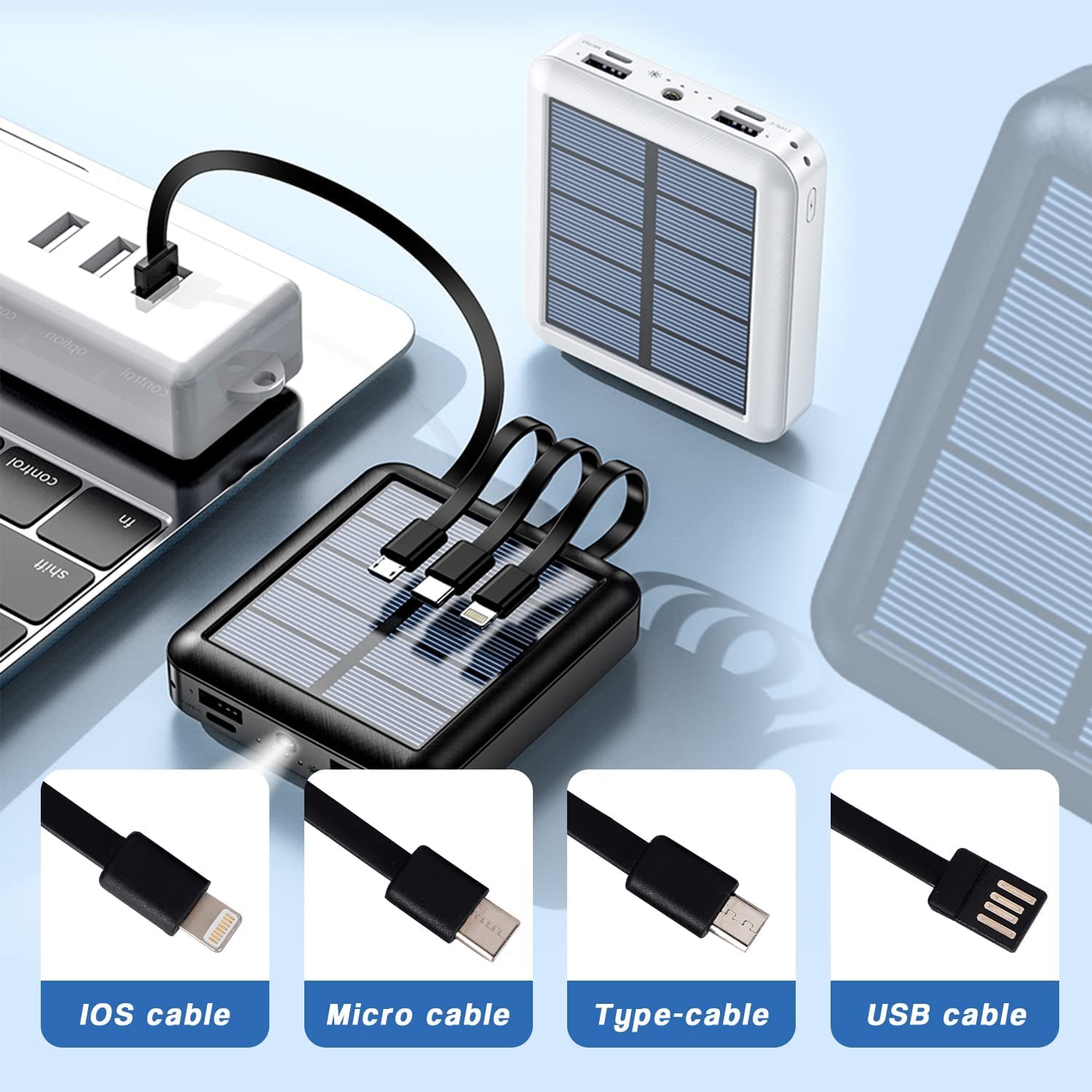Lasuki 15000mAh Solar Power Bank - Portable Solar Charger with Built-in 4 Cables & USB-C Input/Output - Compact External Battery for iPhone, iPad, Tablet - Perfect for Camping, Hiking, and Outdoor Adventures