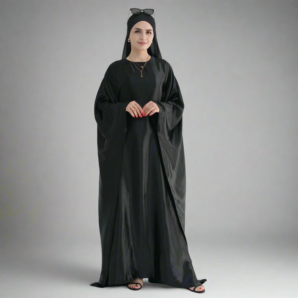 Elegant Black Alisha Butterfly Satin Abaya - Modest Muslim Dress for Women | Perfect for Prayer, Eid, Wedding & Special Occasions