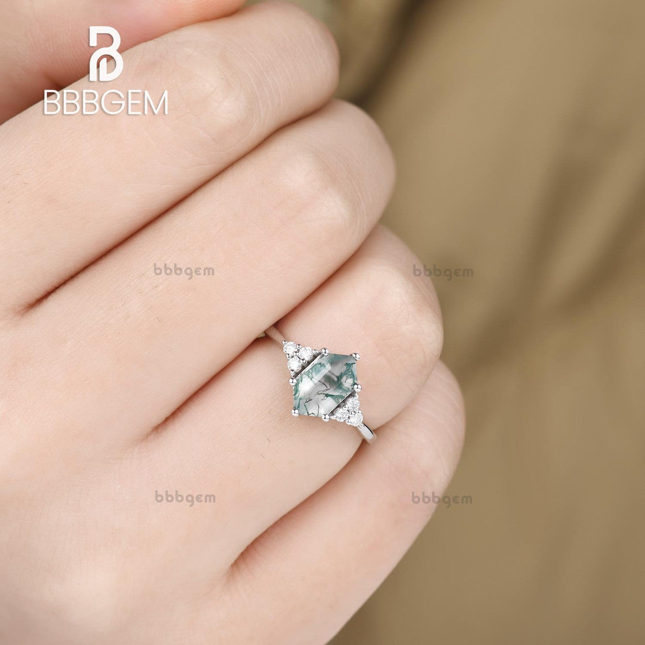 Long Hexagon Cut Moss Agate Engagement Ring with Cluster Diamond Accents - Green Crystal Elongated White Gold Wedding Band for Women | Perfect for Proposals, Anniversaries & Romantic Occasions