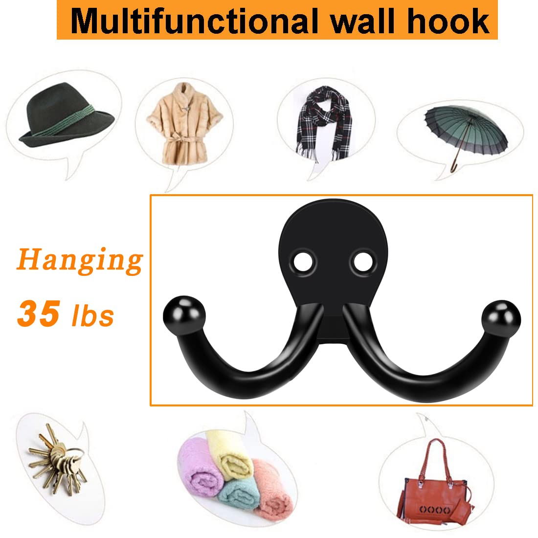 10 Pack Heavy Duty Double Prong Wall Mounted Coat Hooks - Black Indoor/Outdoor Hanging Hooks with 20 Screws - Perfect for Entryway, Closet, Garage & Mudroom Organization