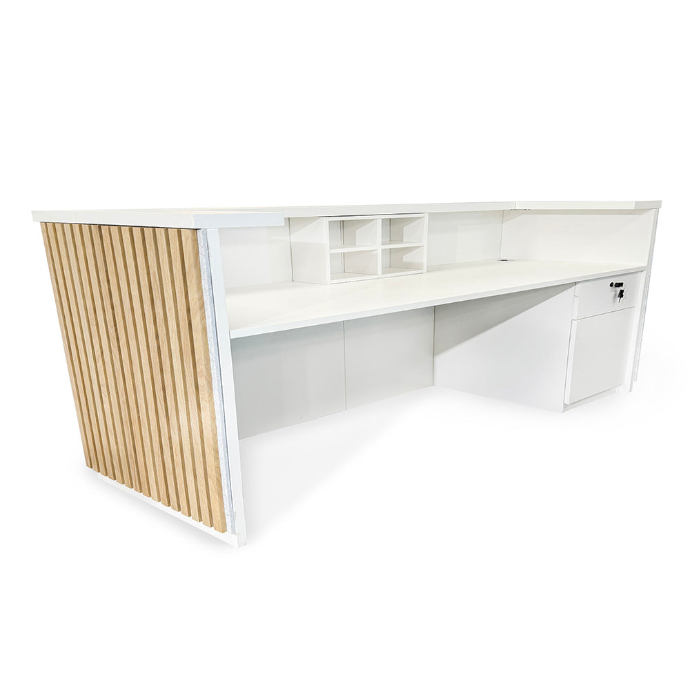 KENTO 240cm Reception Desk - Timber Slat Acoustic Panel in White & Oak Finish | Perfect for Office Lobby, Hotel Front Desk & Corporate Waiting Areas