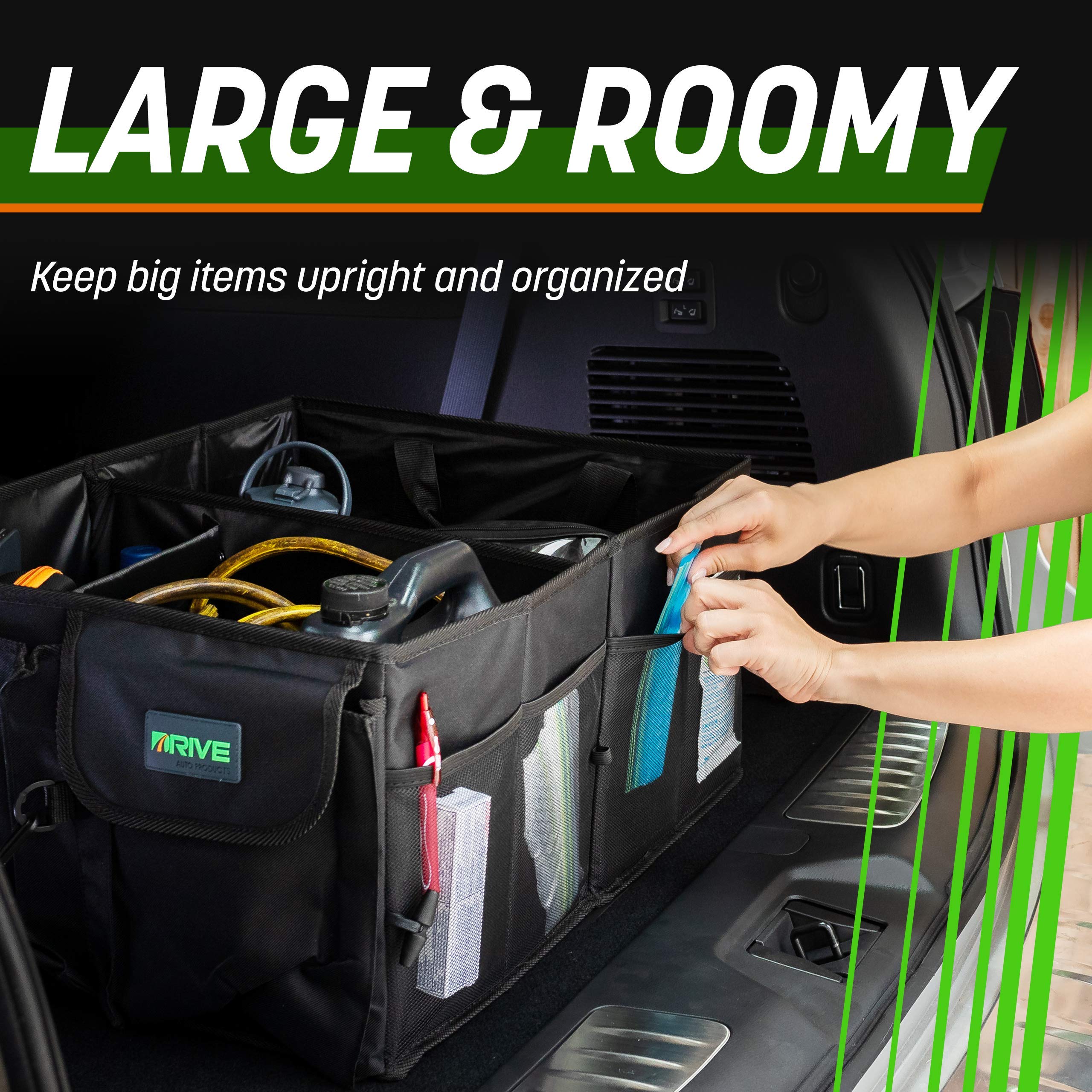Collapsible Car Trunk Organizer with Adjustable Straps - Multi-Compartment SUV & Truck Storage Organizer - Durable Auto Accessories for Men & Women (Black) - Perfect for Road Trips, Grocery Shopping & Travel Gear Organization
