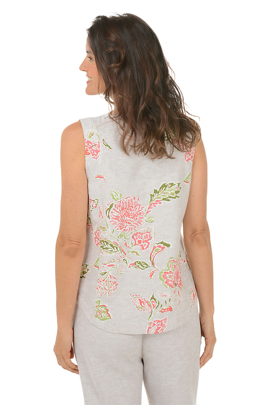 Floral Print Linen Blend Tank Top with Triple Button Strap - Perfect for Summer Outfits, Beach Wear & Casual Style