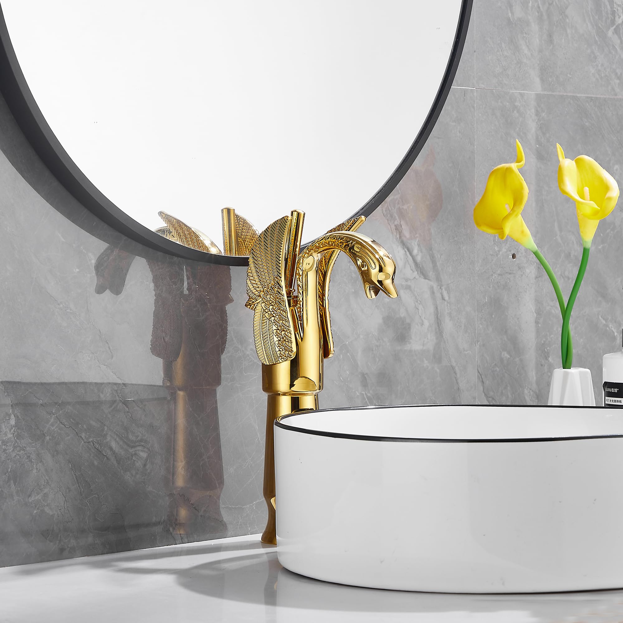 GGStudy Gold Swan Shape Single Handle Deck Mount Bathroom Vessel Sink Faucet - Elegant One Hole Lavatory Faucet for Modern Vanity & Powder Room Decor