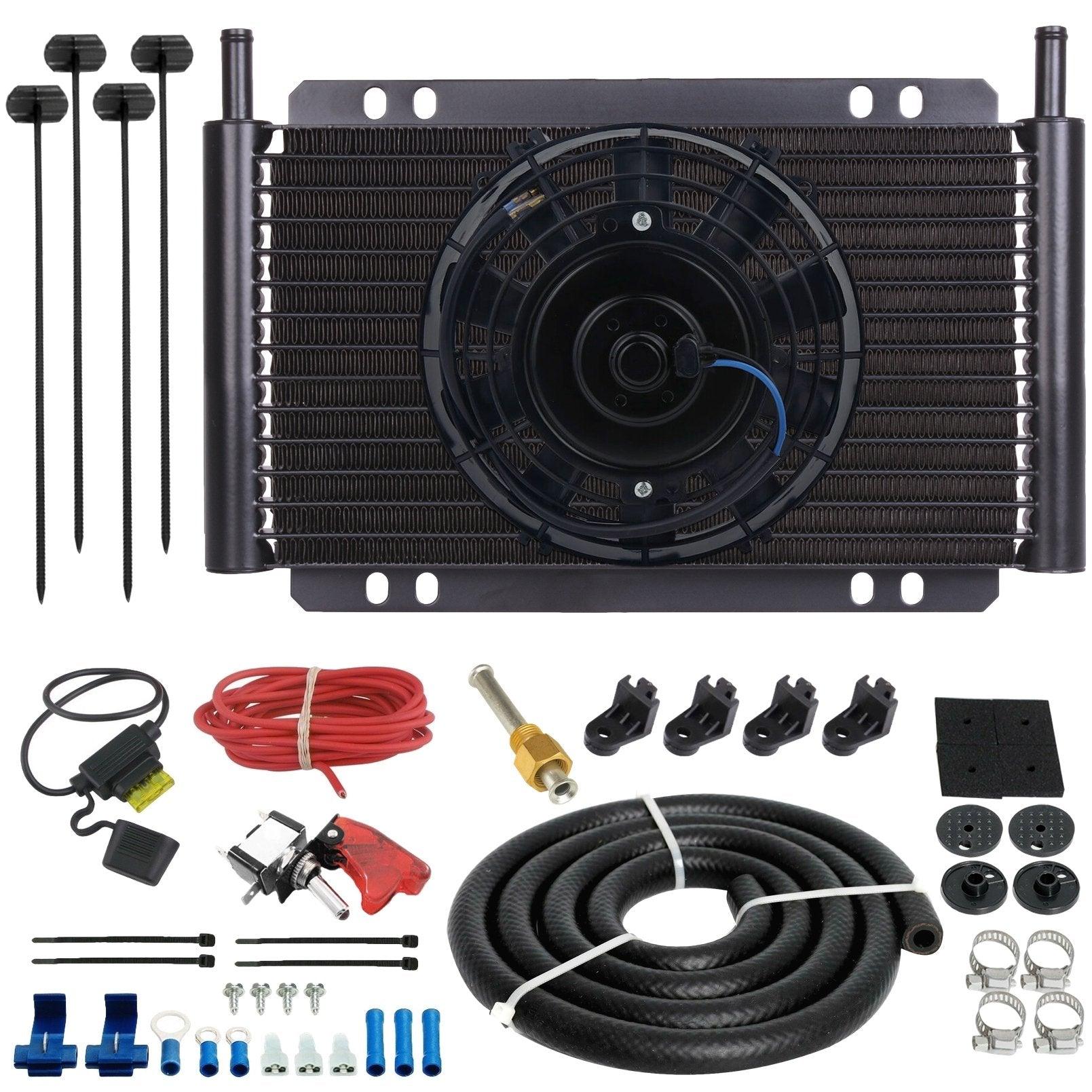 17 Row Transmission Oil Cooler with 12V Electric Cooling Fan & Toggle Switch Wiring Kit - Heavy Duty Cooling for Trucks, SUVs & Performance Vehicles