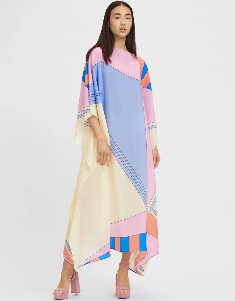 Luxury Soft Silk Crepe Kaftan Dress for Women - Elegant Beige & Violet Flowy Maxi Cover Up - Perfect for Beach, Vacation, and Summer Evenings