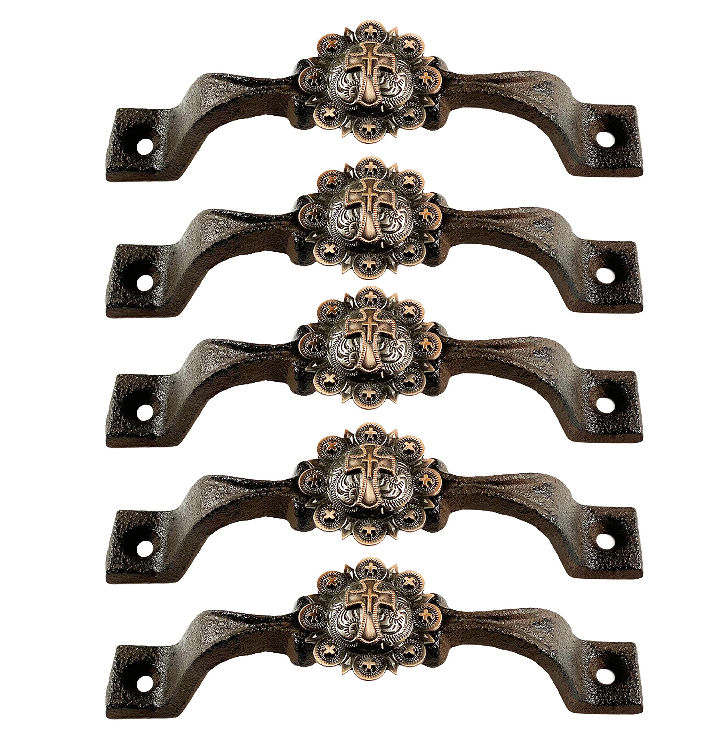 Western Cross Copper Cabinet Handles - Rustic Farmhouse Drawer Pulls for Kitchen & Bathroom - Cast Iron Concho Horseshoe Star Decor - Country Home Style Hardware (5 Pack) - Perfect for Cabinets, Dressers, and Furniture Upgrades