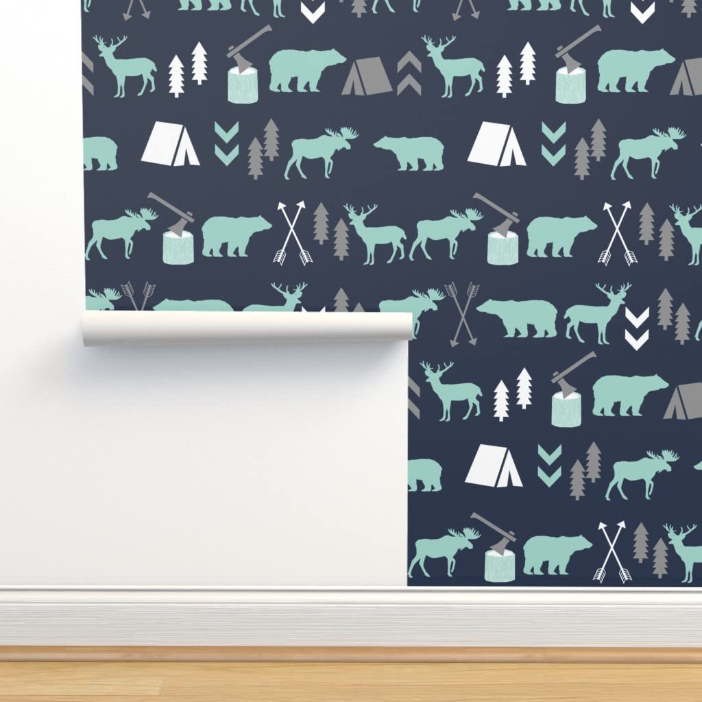 Premium Commercial Grade Wallpaper Roll 27ft x 2ft - Woodland Camping Theme with Bears, Trees & Tents in Grey, Mint & Navy Blue | Perfect for Boys Nursery, Kids Room Decor & Outdoor-Themed Spaces