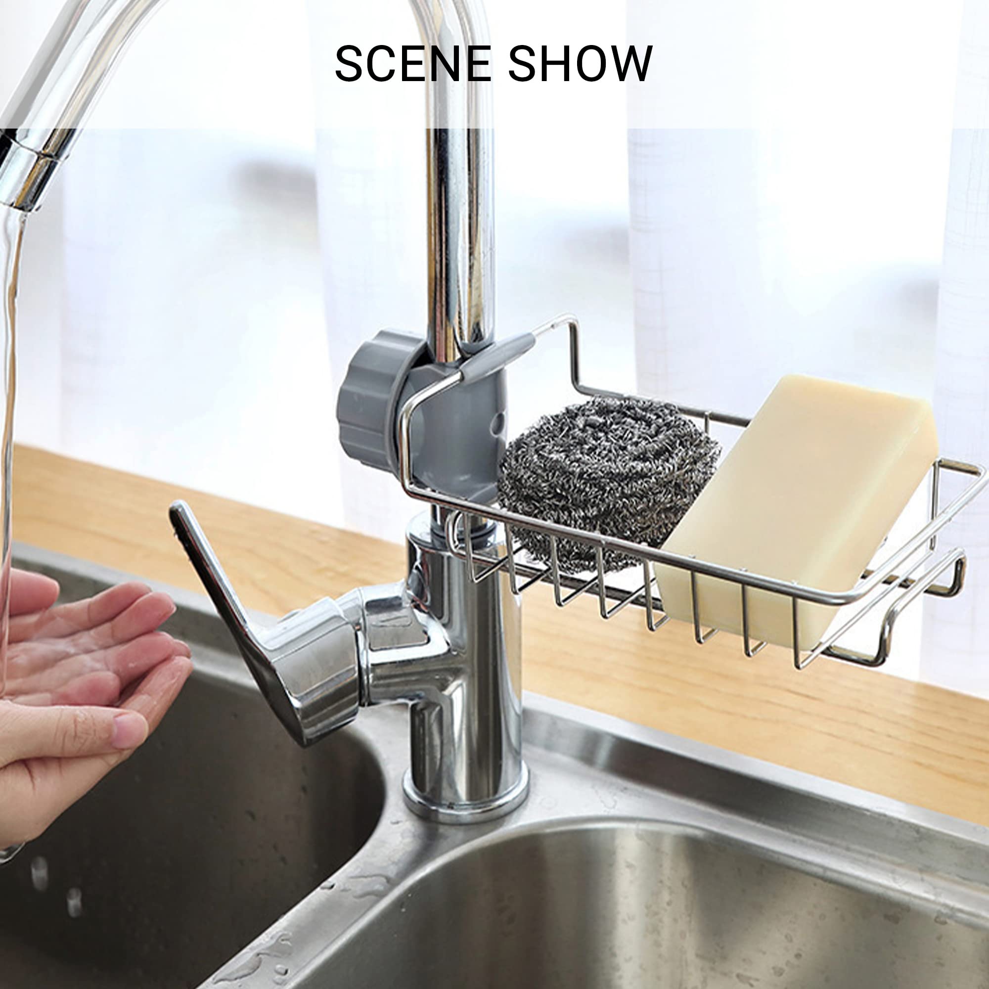 304 Stainless Steel Heavy Duty Over Faucet Sponge Holder & Kitchen Sink Organizer - Detachable Hanging Drain Rack for Scrubbers, Soap, Bathroom Storage (Heightened & Lengthened) - Perfect for Small Kitchen Organization & Bathroom Counter Space Saving