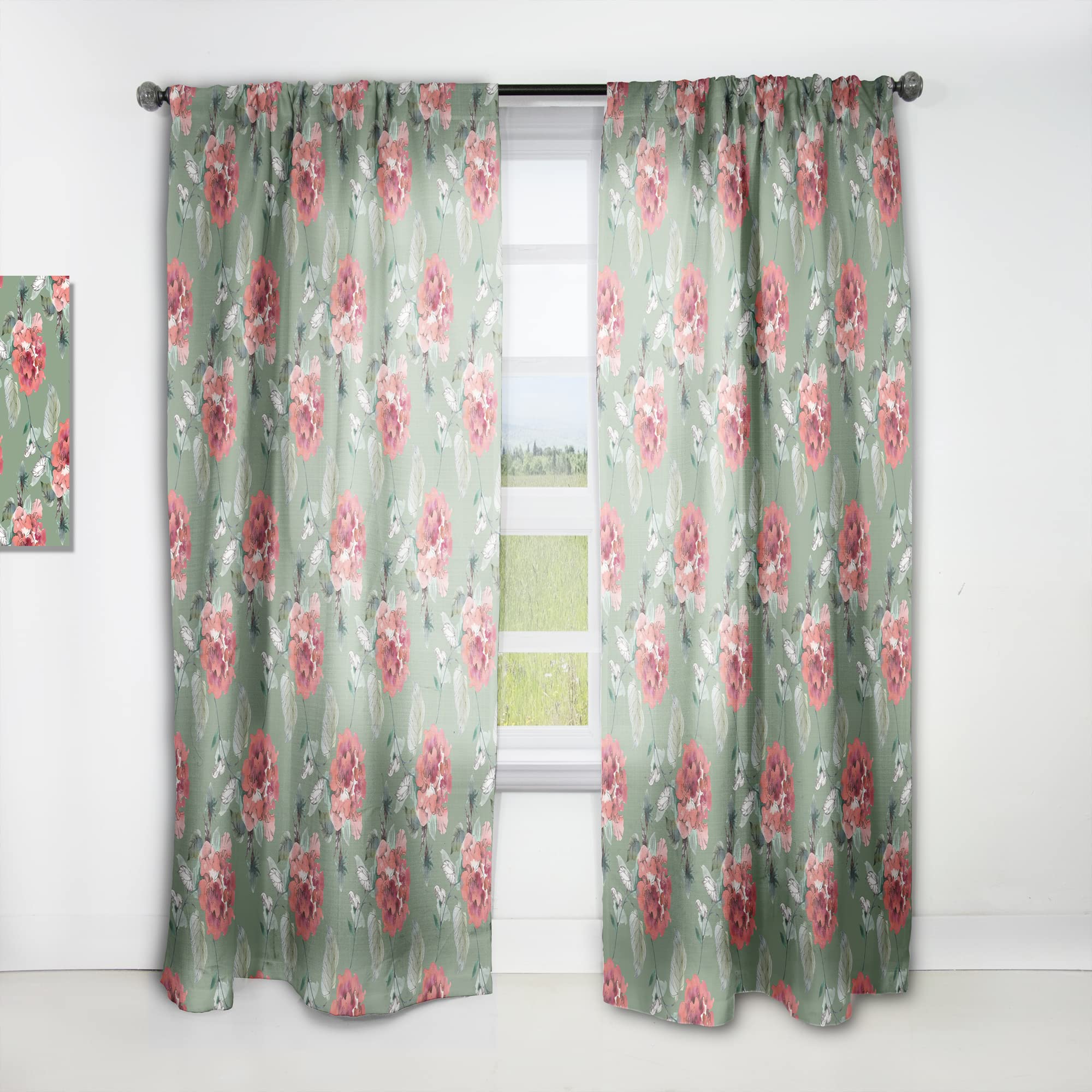 DesignQ 'Red Rose in Green' Thermal Insulated Curtains - Single Panel 52x90 - Elegant Window Drapes for Bedroom & Living Room - Perfect for Home Decor & Light Blocking