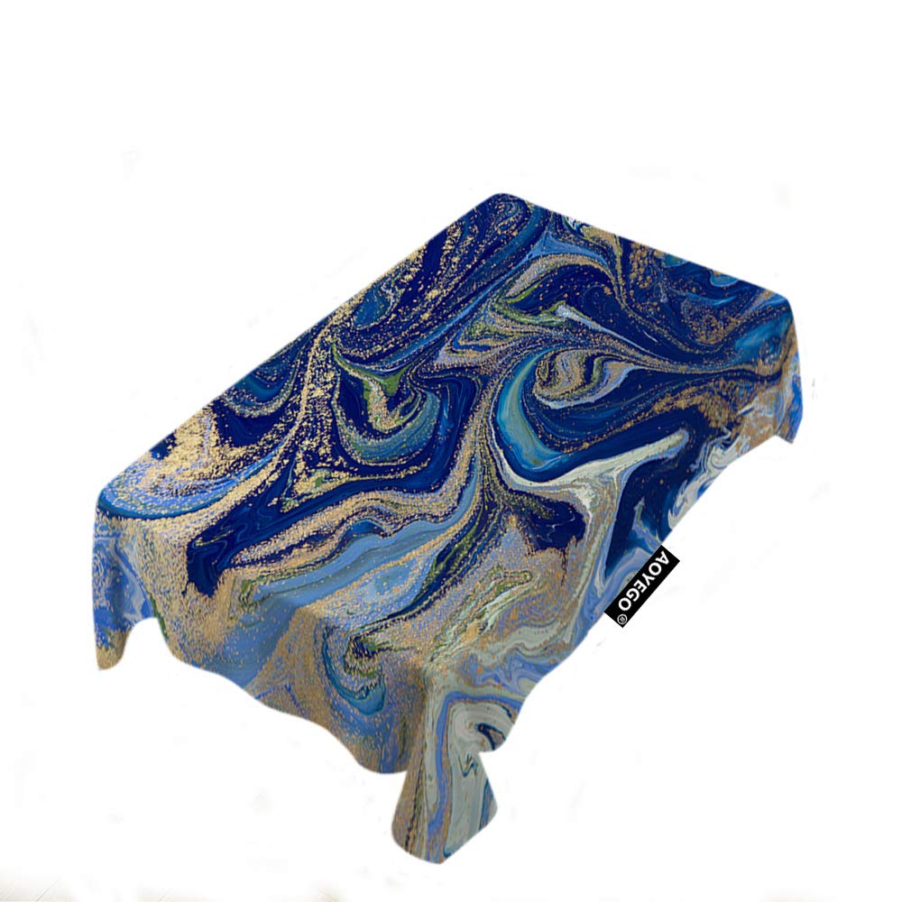 Blue and Gold Liquid Marble Rectangle Tablecloth - 60x104 Inch Ink Splash Design Polyester Table Cover for Indoor Outdoor Use, Picnic, Party, Dinner Decor - Waterproof & Wrinkle-Resistant for Easy Maintenance