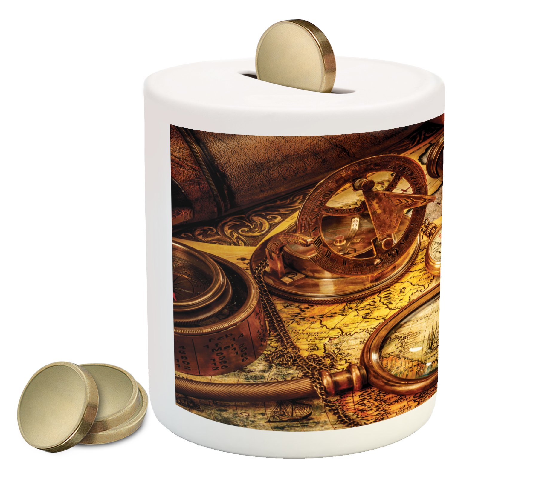 Ambesonne Antique Piggy Bank with Magnifying Glass, Compass & Pocket Watch - Nautical Old Map Design Ceramic Coin Bank for Cash Savings (Orange, Brown, Yellow) | Perfect Gift for Collectors & Home Decor