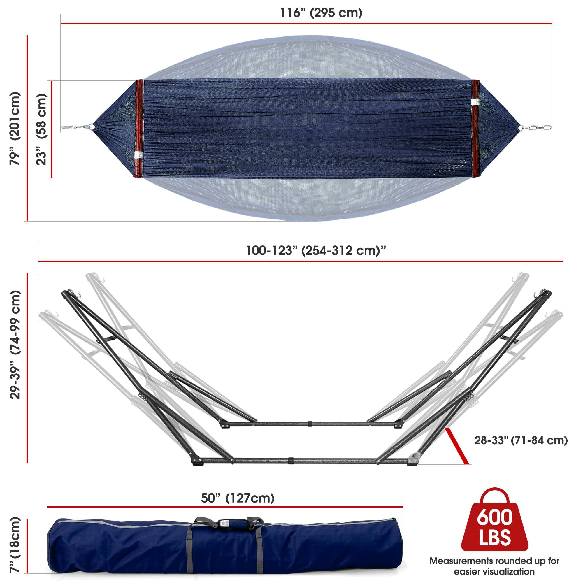 Tranquillo Adjustable & Collapsible Hammock Stand - 600 lb Capacity Steel Frame for 2 Person Camping - Premium Pre-Assembled Indoor/Outdoor Hammock with Anti-Flip Design (Aegean Blue) - Perfect for Backyard Relaxation, Beach Trips and Patio Lounging